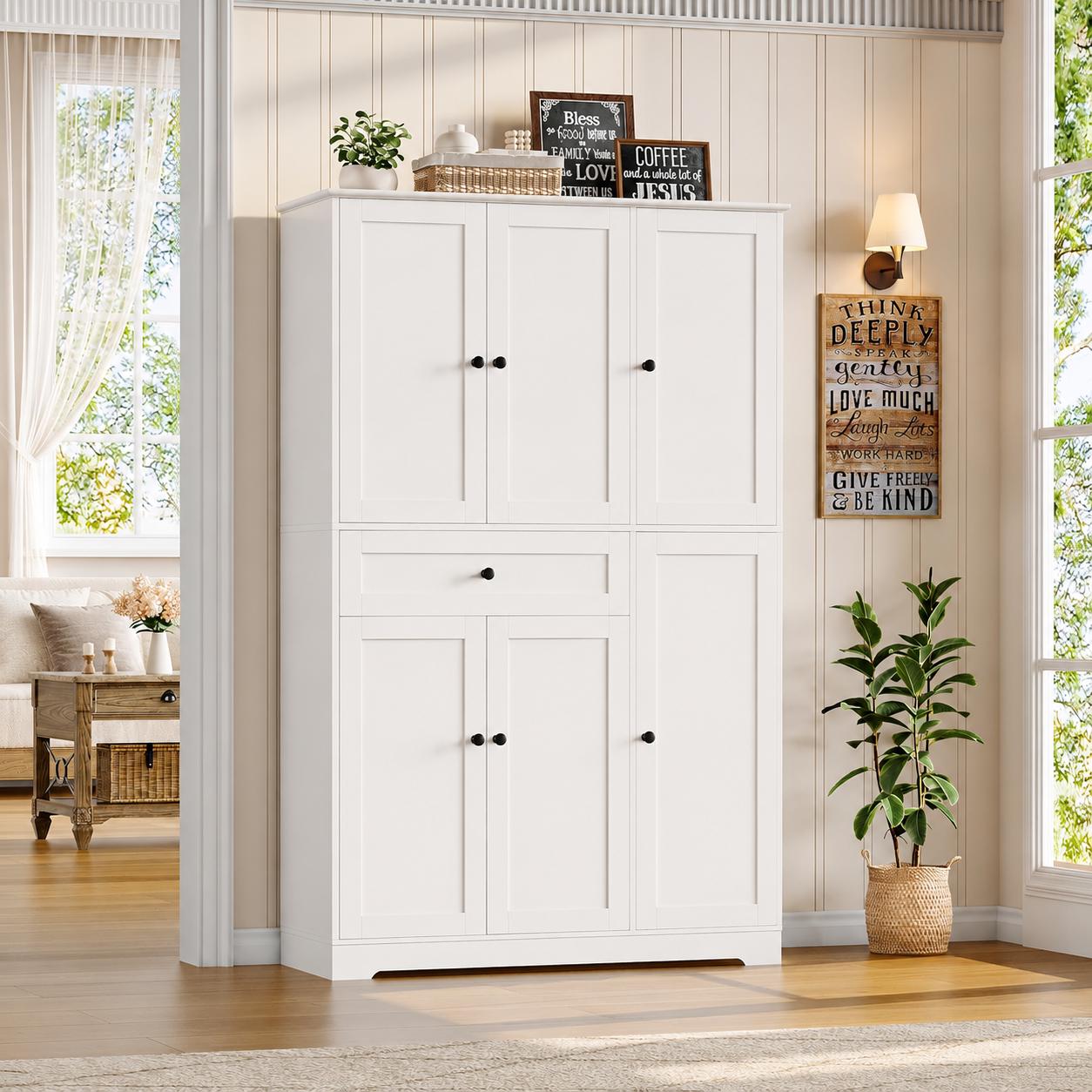 Modern White Kitchen Pantry Cabinet with Drawer & Swing-Out Storage Rack
