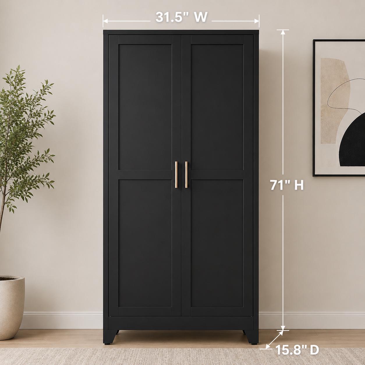 Tall Black Storage Cabinet, Modern Double Door Pantry Cupboard, Freestanding Home Organizer