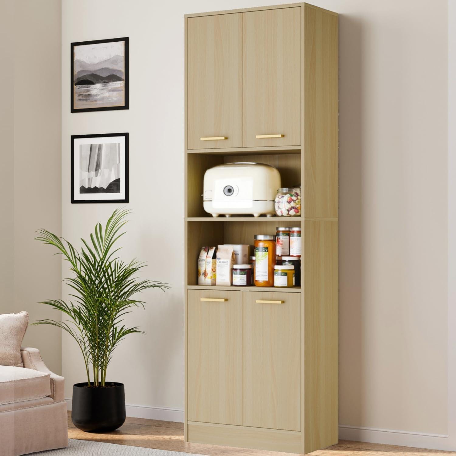 Tall Pantry Cabinet, 4 Doors, Open Countertop, Storage Shelves