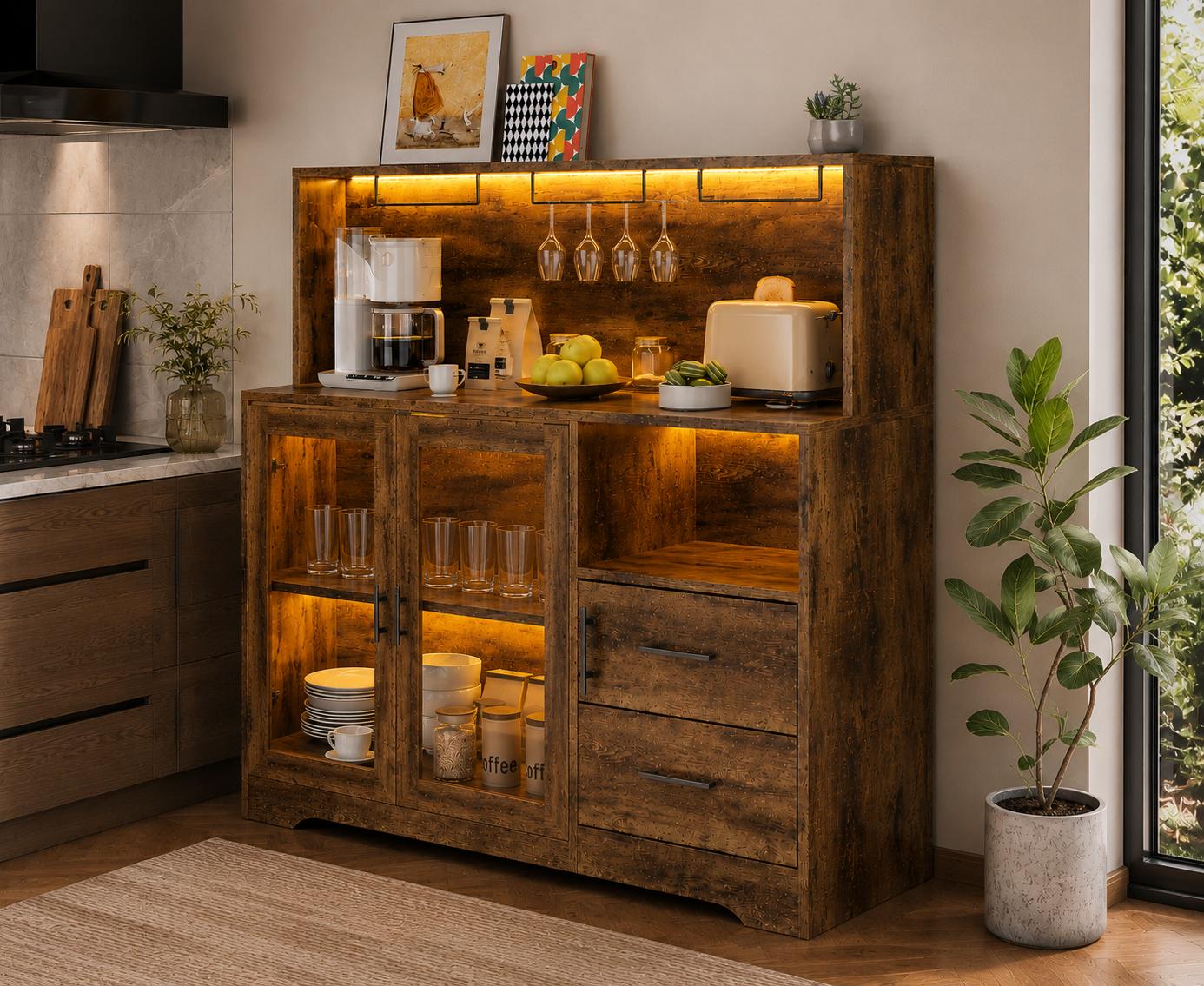 Rustic Farmhouse Coffee Bar Cabinet with LED Lights, Kitchen Glass Storage Drawers