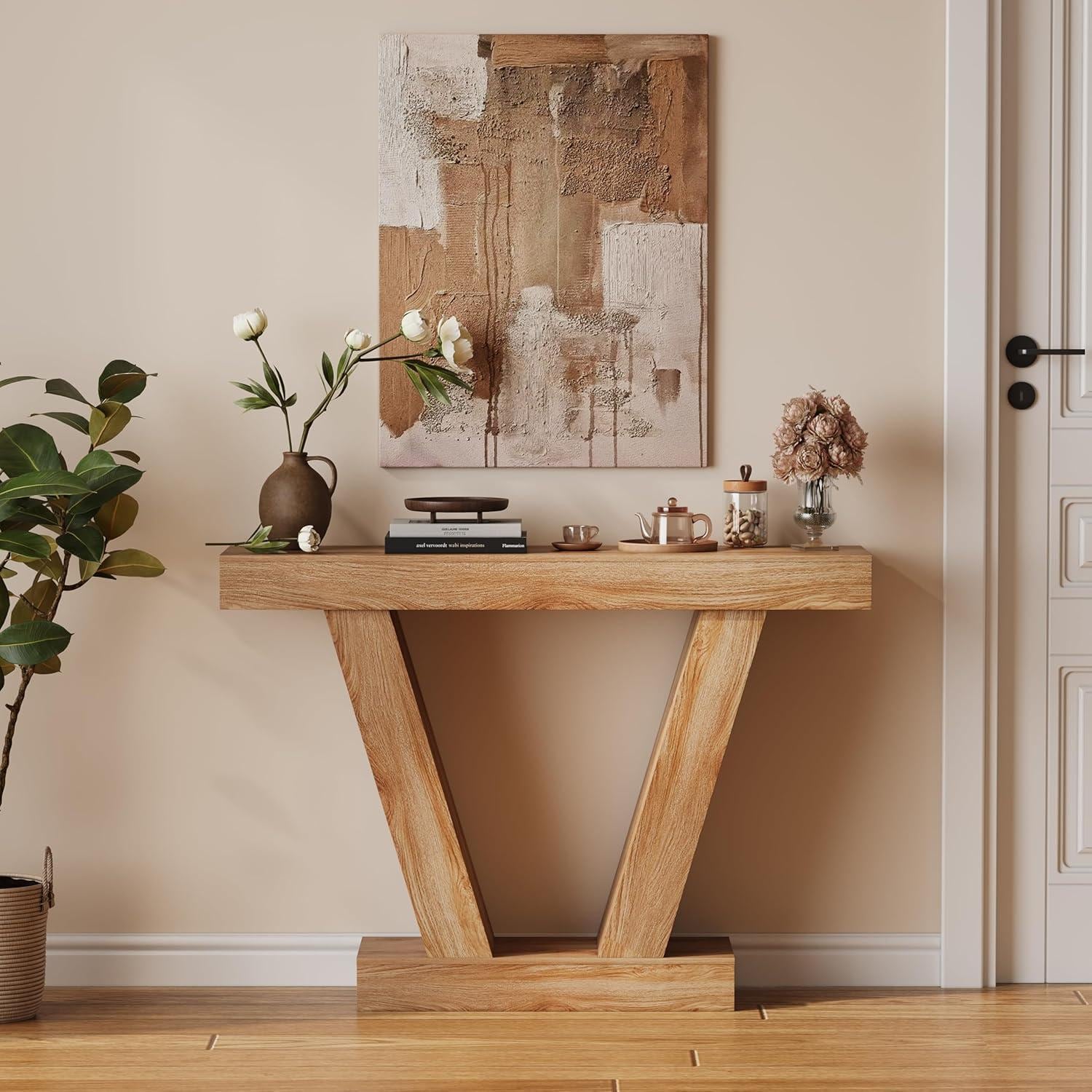 Farmhouse V-Shaped Console Table, Light Oak Entryway Sofa Table