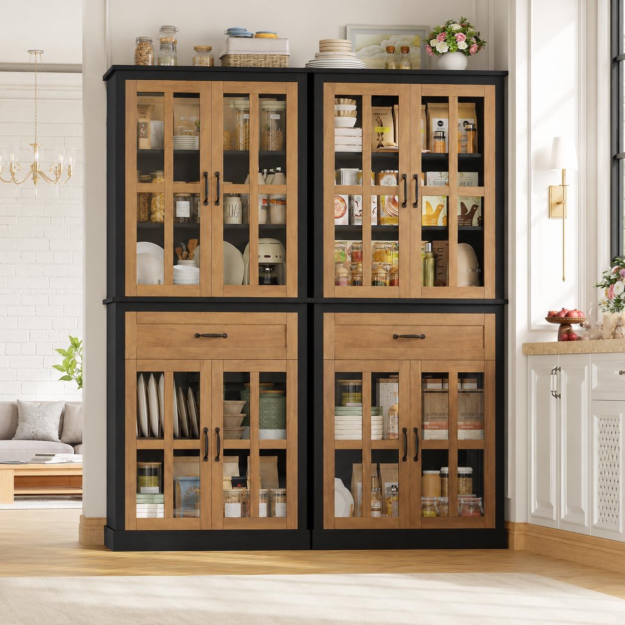 71" Tall Kitchen Pantry Cabinet with Glass Doors & Drawer – Freestanding Food Storage Cabinet with Adjustable Shelves