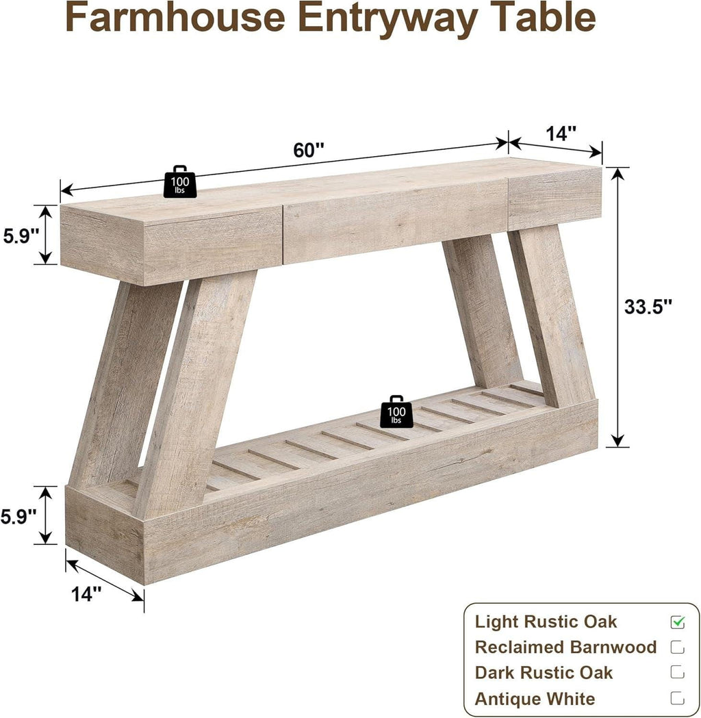 Farmhouse Entryway Table, 60" Wooden Hallway Foyer Table with Drawer, Heavy Duty Base