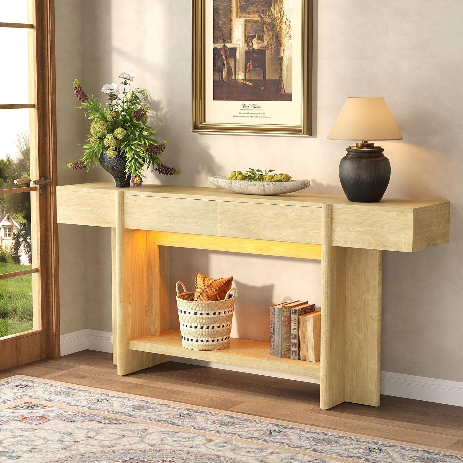 Farmhouse Console Table, 70.8" Entryway Sofa Table with 2 Drawers, LED Lights
