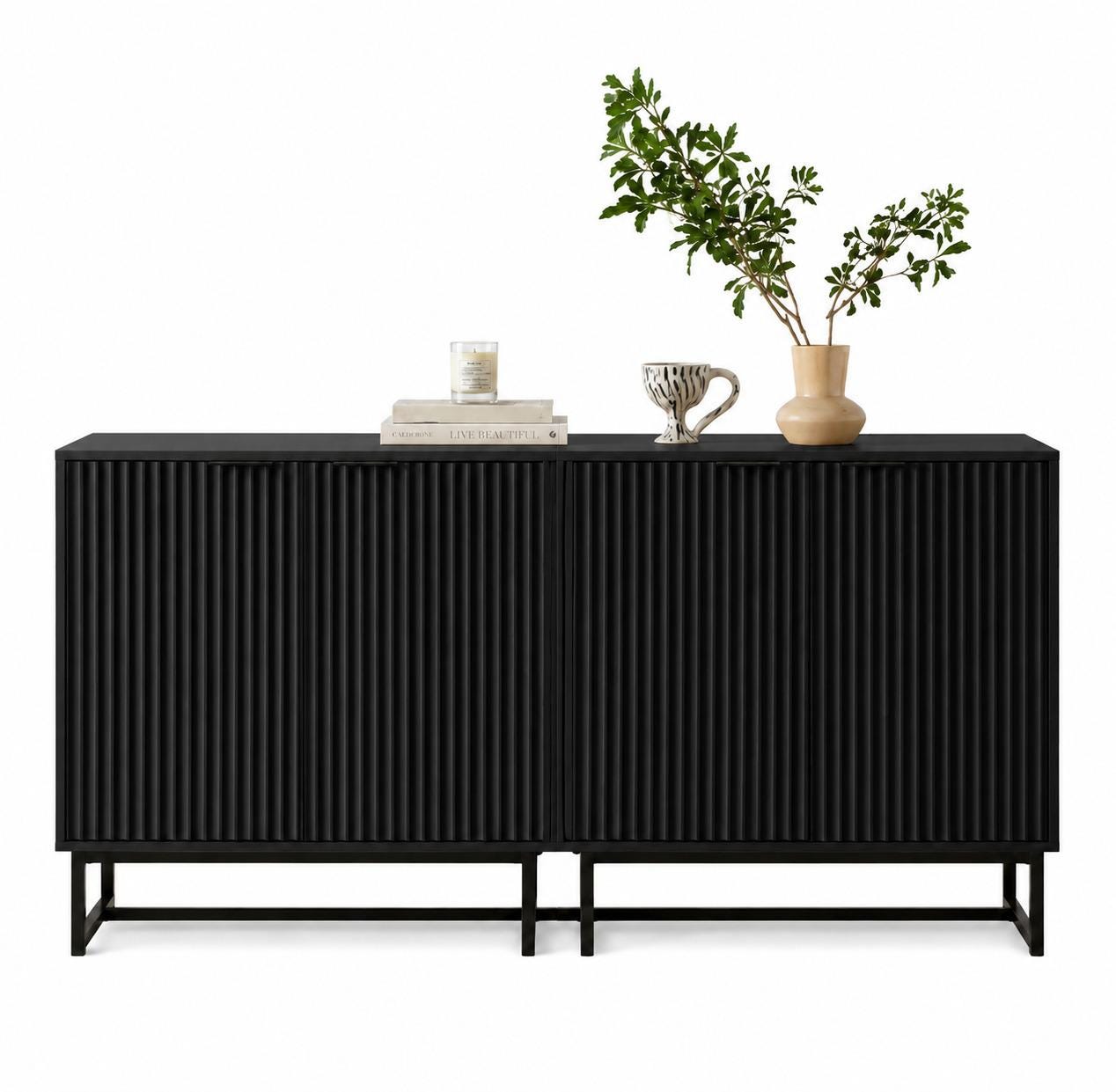 Set of 2 Fluted Storage Cabinets, Modern Buffet Console, Art Deco Accent Furniture