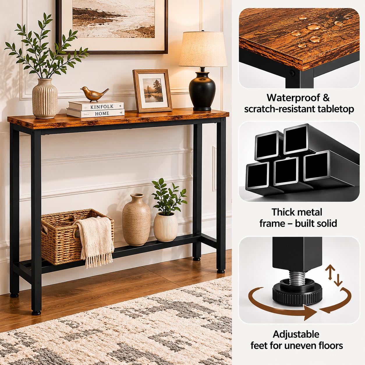 Rustic Narrow Console Table for Entryway, Industrial Sofa Table Behind Couch, Slim Hallway Accent Table with Metal Frame,