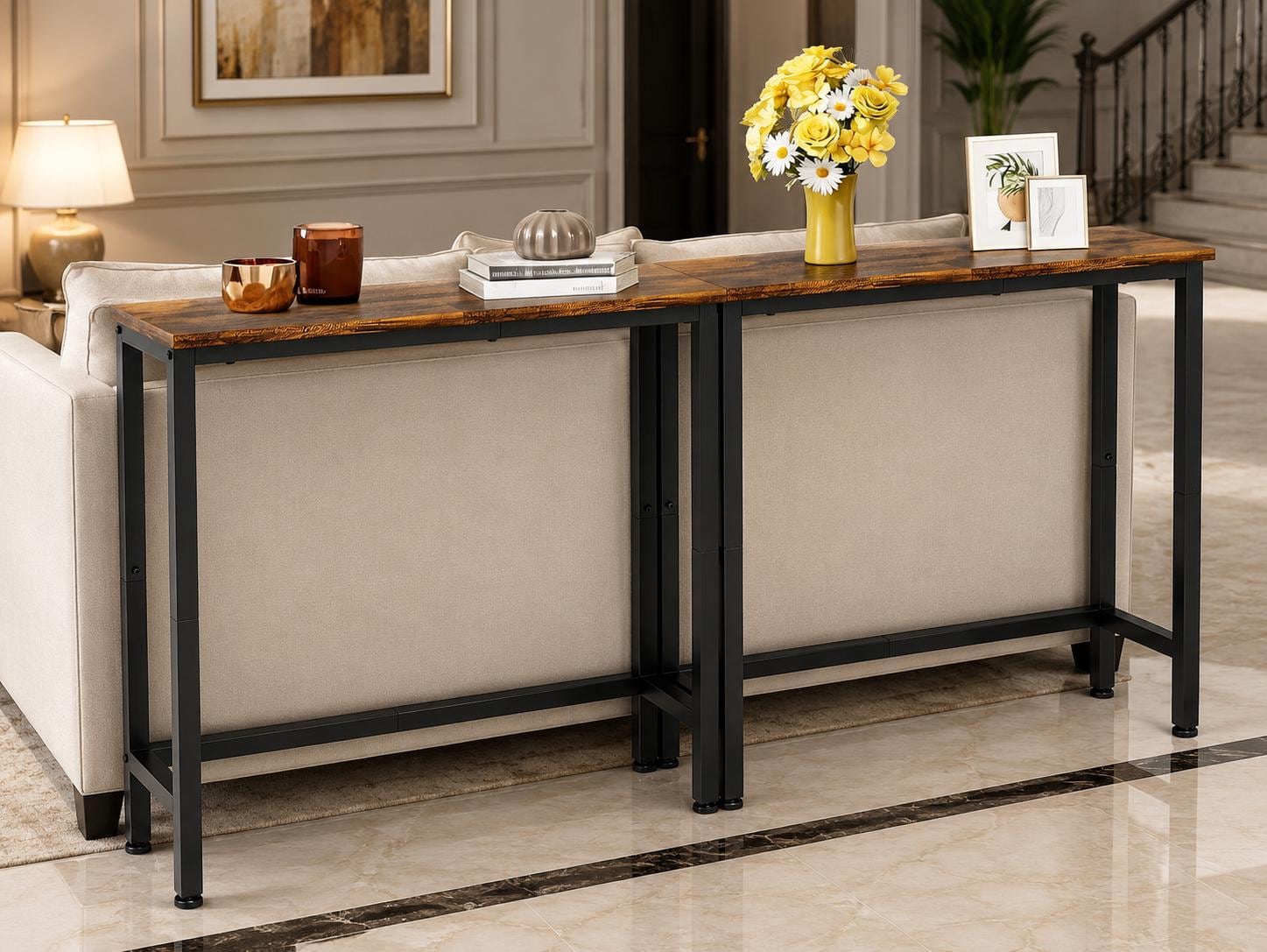 Rustic Narrow Console Table Set, Industrial Wood-Look Sofa Tables, Space Saving Accent Furniture