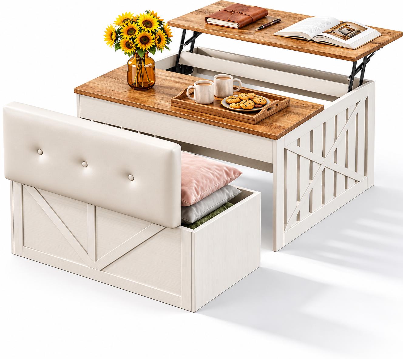 Lift Top Coffee Table with Hidden Storage Bench, Modern Wood Center Table