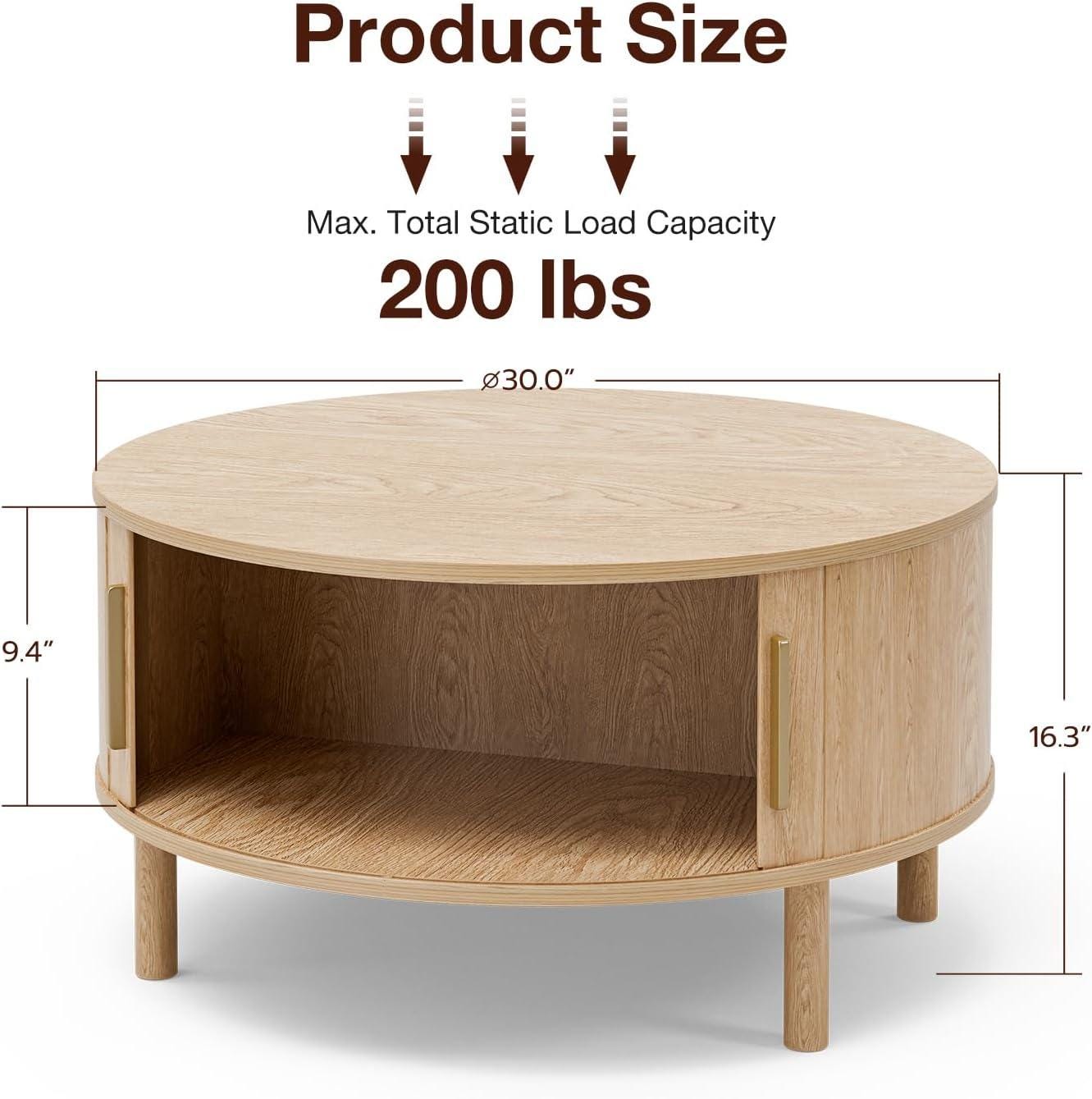 Round Coffee Table, Mid-Century Modern Storage Cabinet, Light Oak Finish, Sliding Doors
