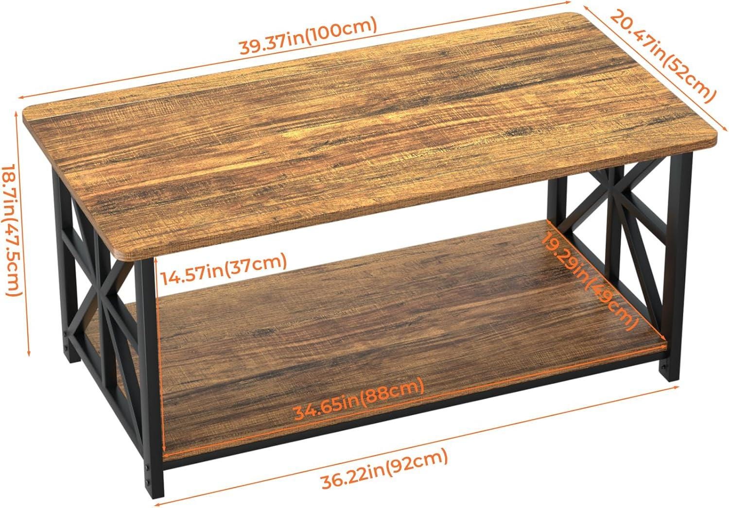 Farmhouse Coffee Table, Rustic Wood Grain, X-Frame Storage Shelf, Rounded Corners