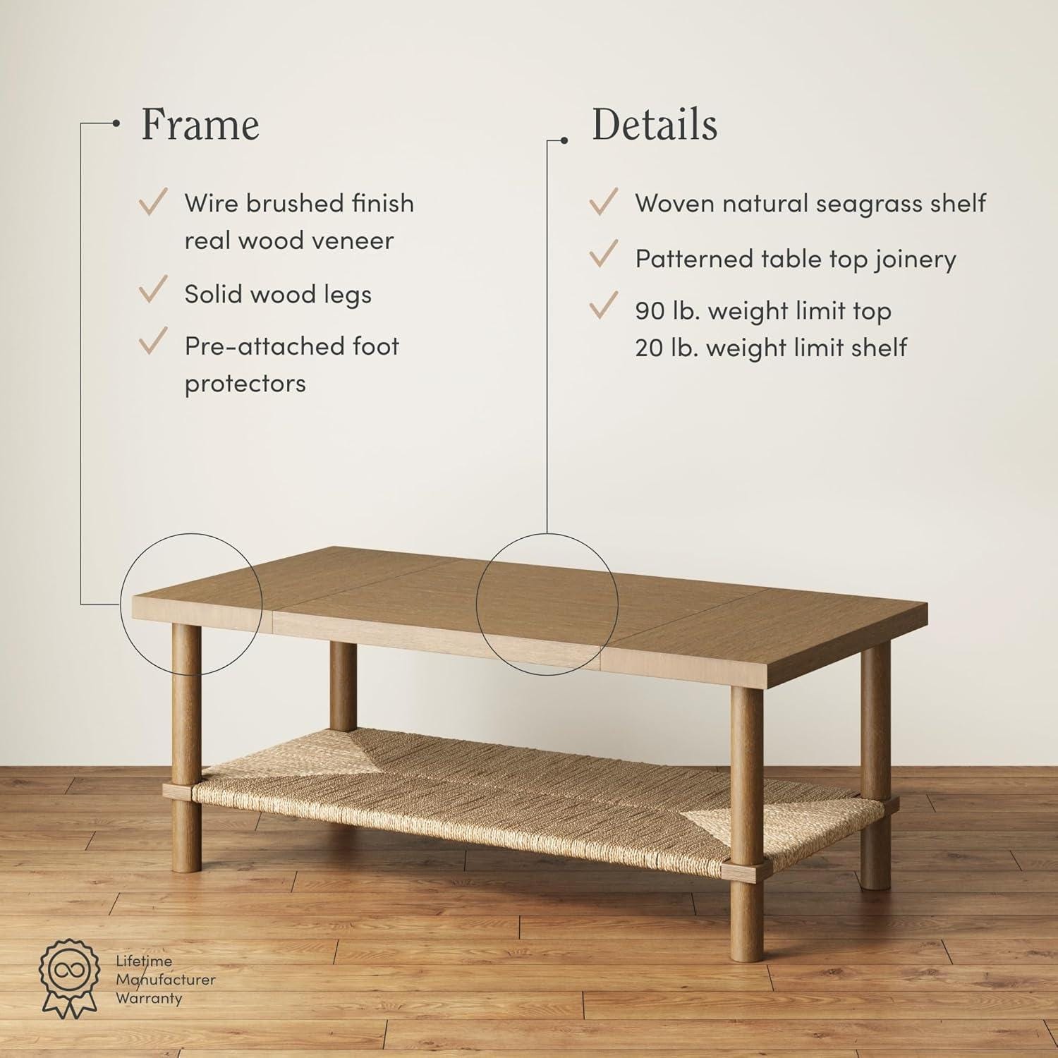 Bohemian Coffee Table with Seagrass Shelf, Solid Wood Legs, 2-Tier Storage
