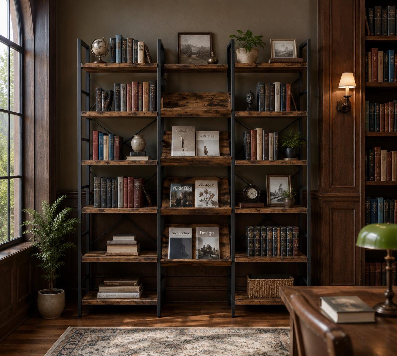 Industrial Bookshelves 6 Tiers Triple Wide Bookshelf, Large Etagere Bookshelf Open Record Player Shelves With Metal Frame