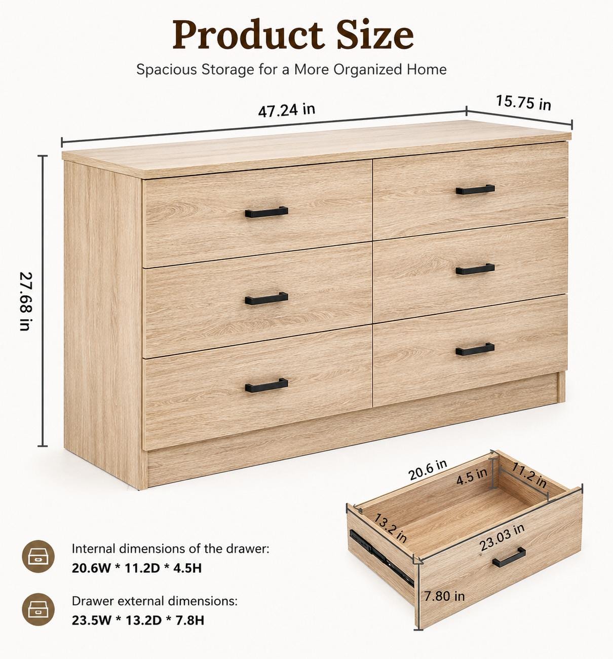 Modern 6 Drawer Dresser, Wood Grain Storage Chest, Bedroom Furniture Organizer
