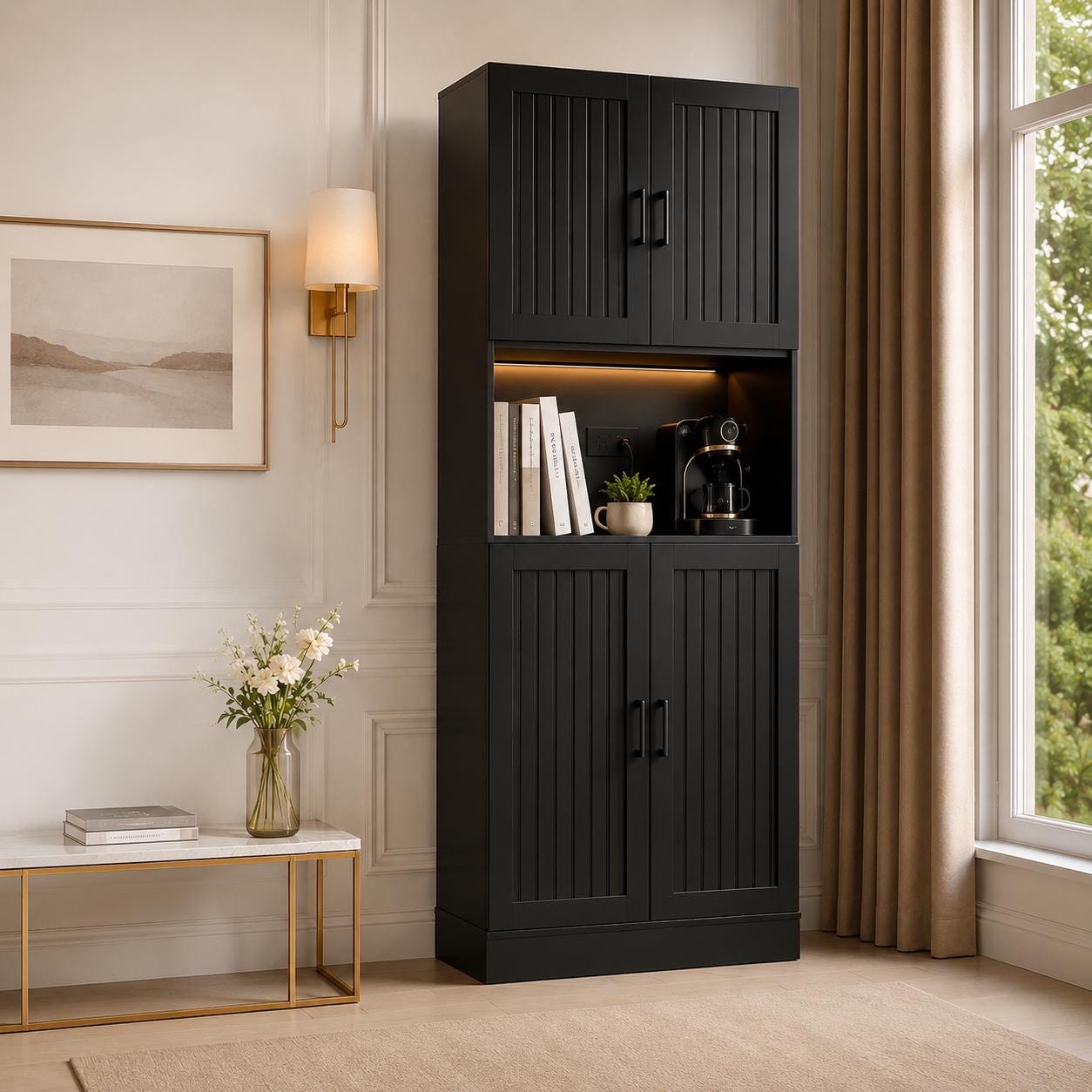 Farmhouse Pantry Cabinet with Charging Station, 71" Storage Hutch, Adjustable Shelves
