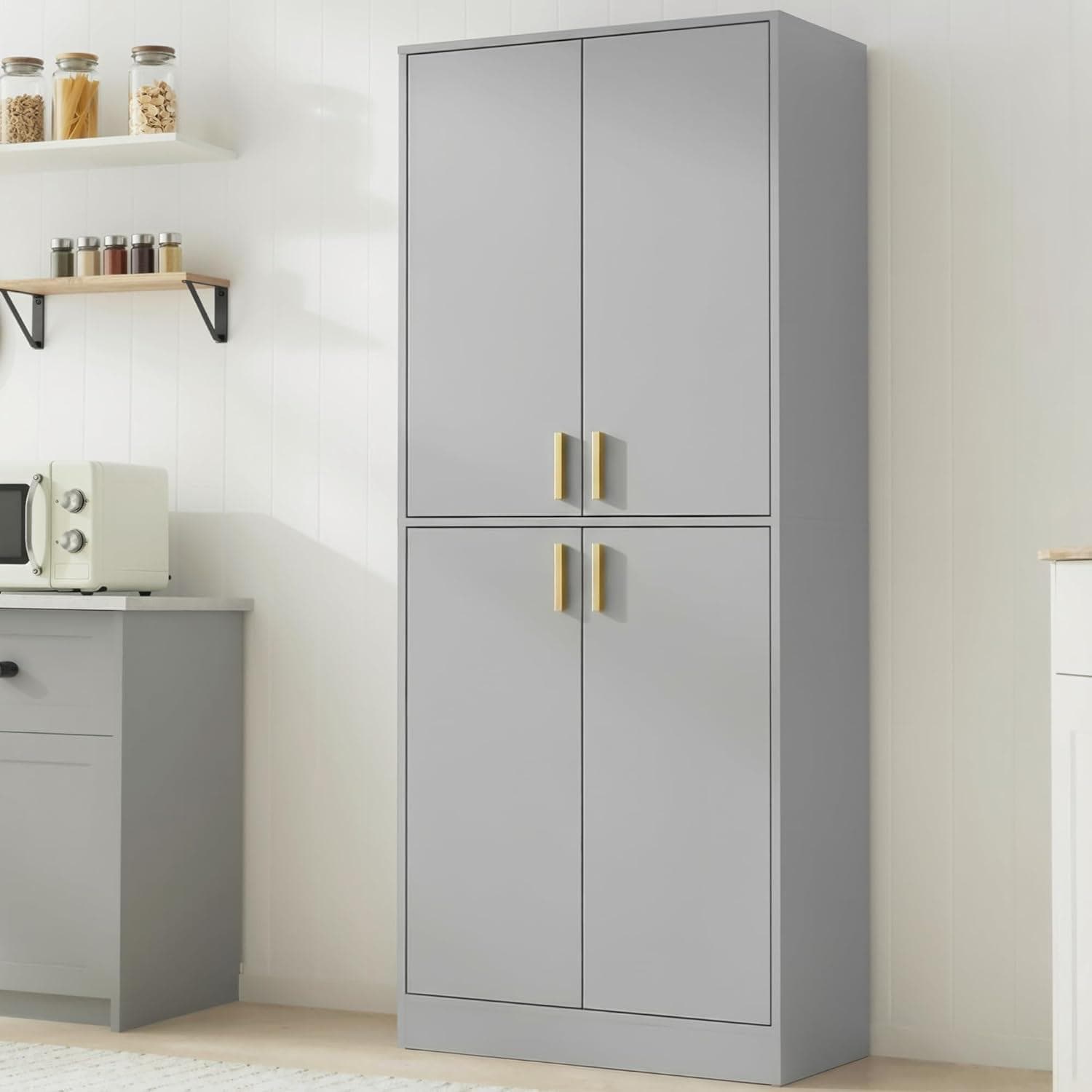 Tall Black Storage Cabinet, Modern Minimalist Freestanding Cupboard, Adjustable Shelves