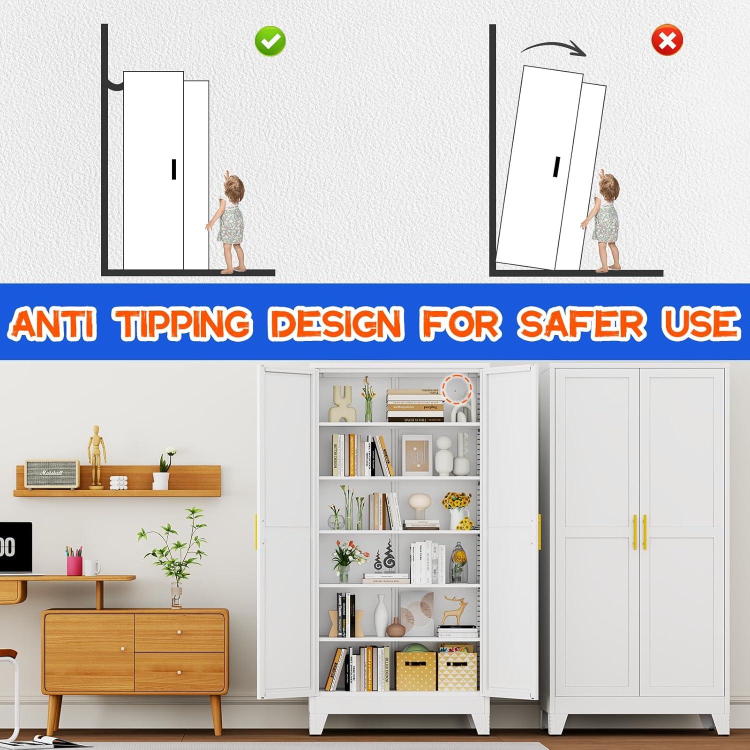 Tall White Steel Storage Cabinet, 2 Doors, 5 Adjustable Shelves