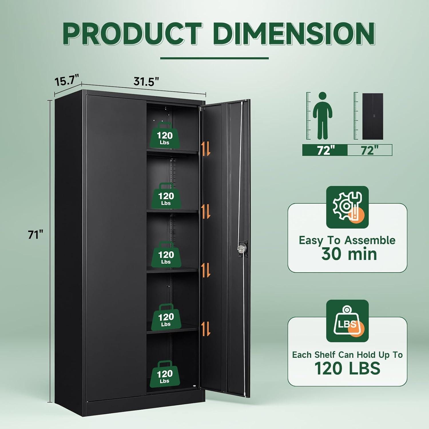 Heavy-Duty Steel Storage Cabinet, Lockable Double Doors, 5 Adjustable Shelves