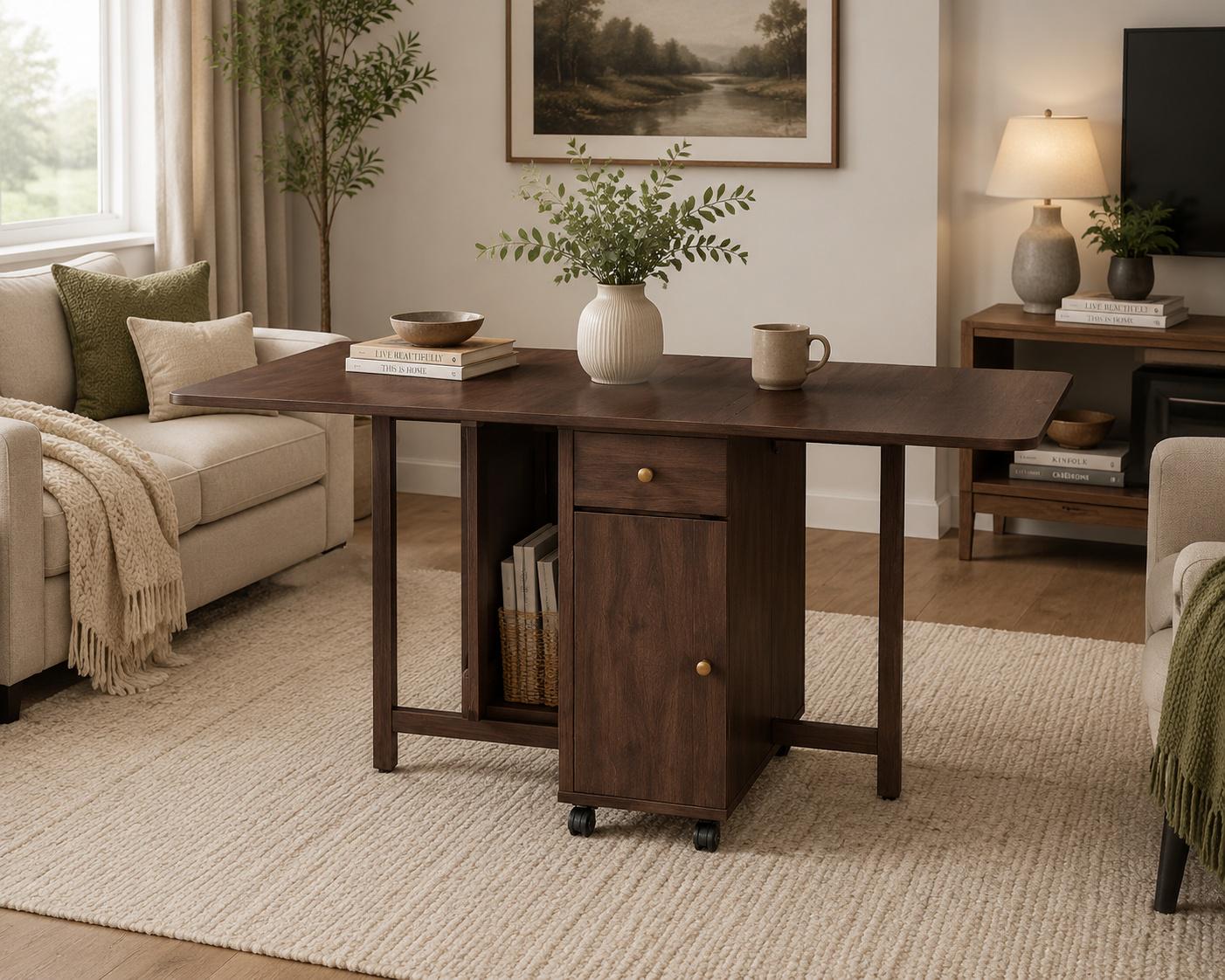 Folding Dining Table with 2 Drawers and 4 Wheels for Living Room,Kitchen, Farmhouse, Space Saving Table