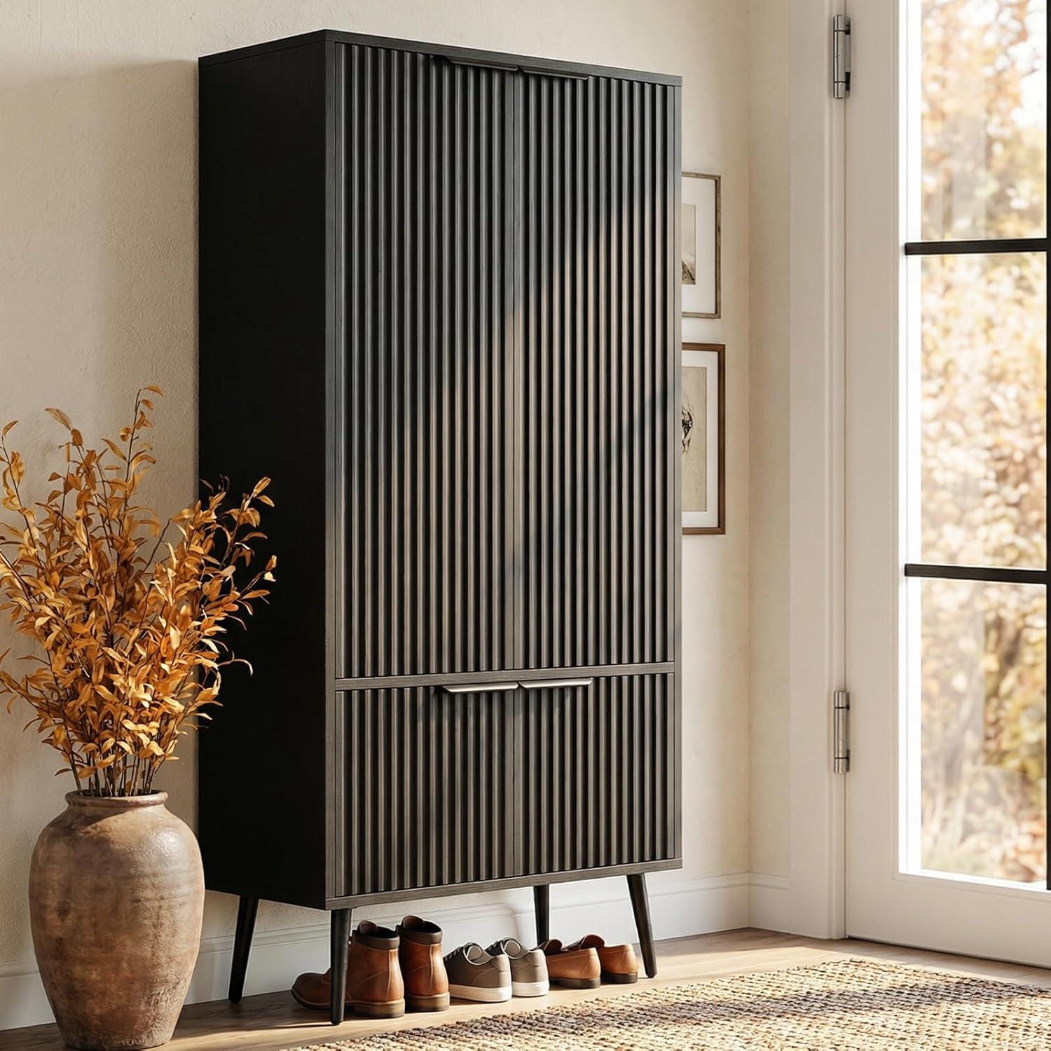Ebony Fluted Tall Pantry Cabinet, Modern Storage with Adjustable Shelves