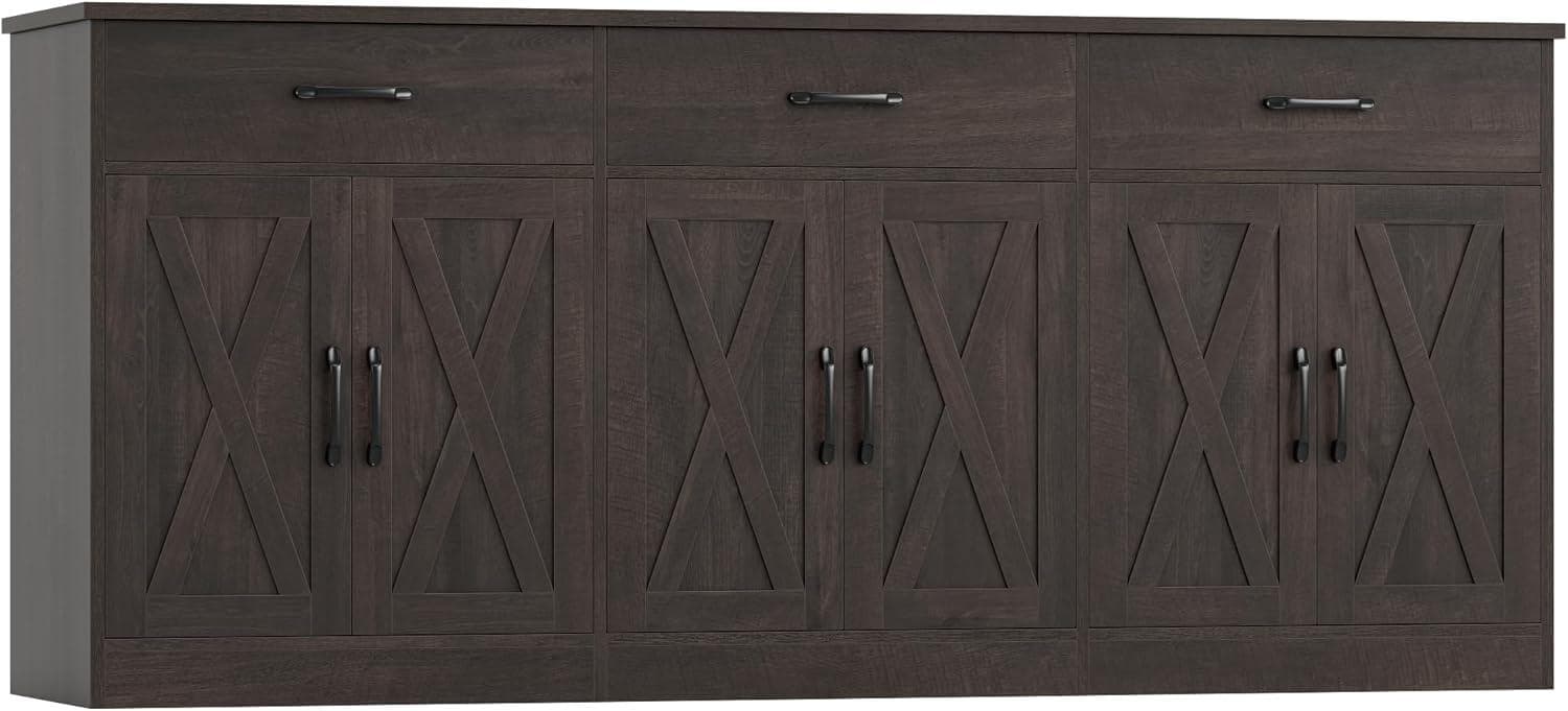 Farmhouse Sideboard Buffet Cabinet, 71" Wide Storage, Dark Brown Engineered Wood
