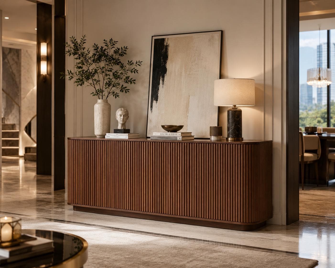 Walnut Fluted Sideboard Cabinet, Modern 4-Door Credenza, Mid Century Console Storage