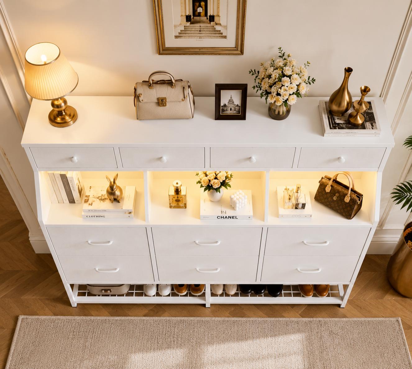 led dresser 10-Drawer with Shoe Rack and Charging Station, Modern Organizer Caraway 6-Drawer Dresser With accessories-warehouse2426 Covered in a polished Style:EE02041BD