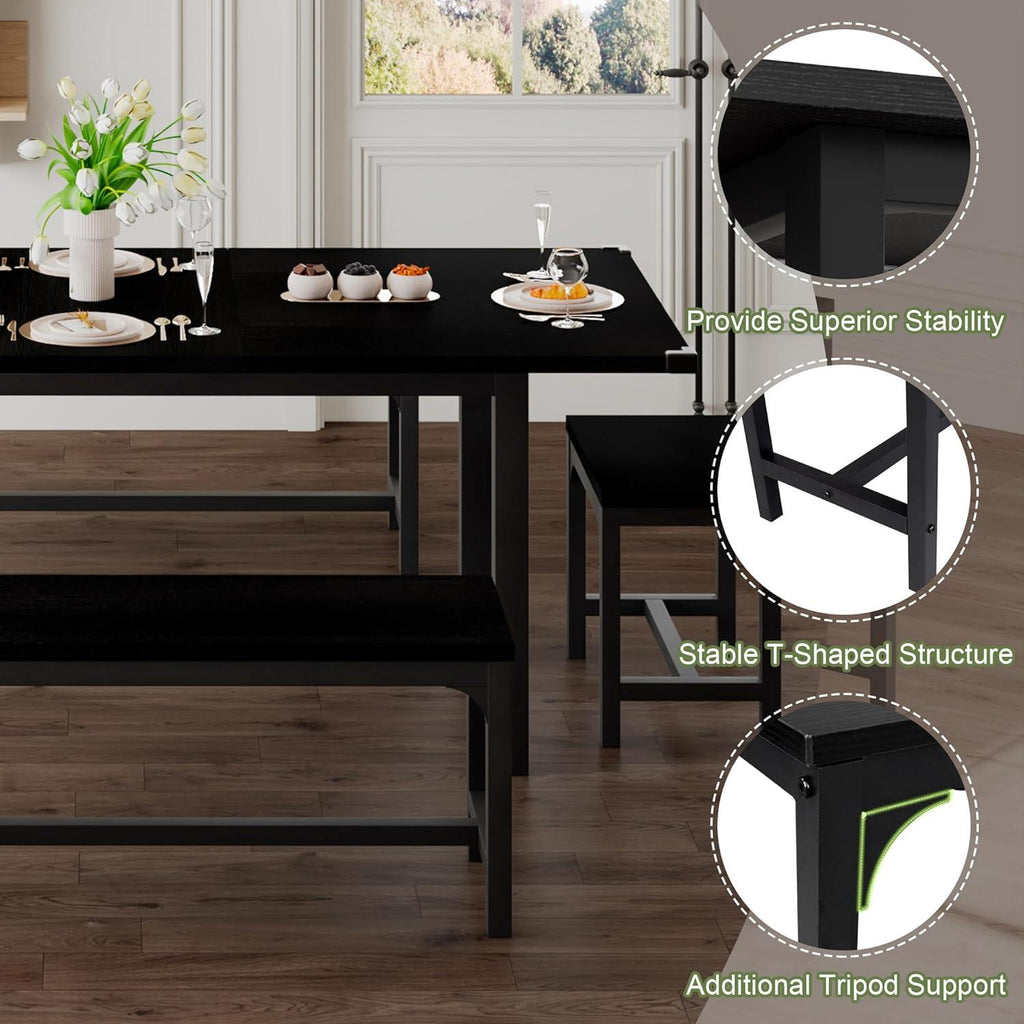 Feonase 5-Piece Extendable Dining Table Set for 4-8 People, 63" Kitchen Table with 2 Benches & 2 Stools, Black