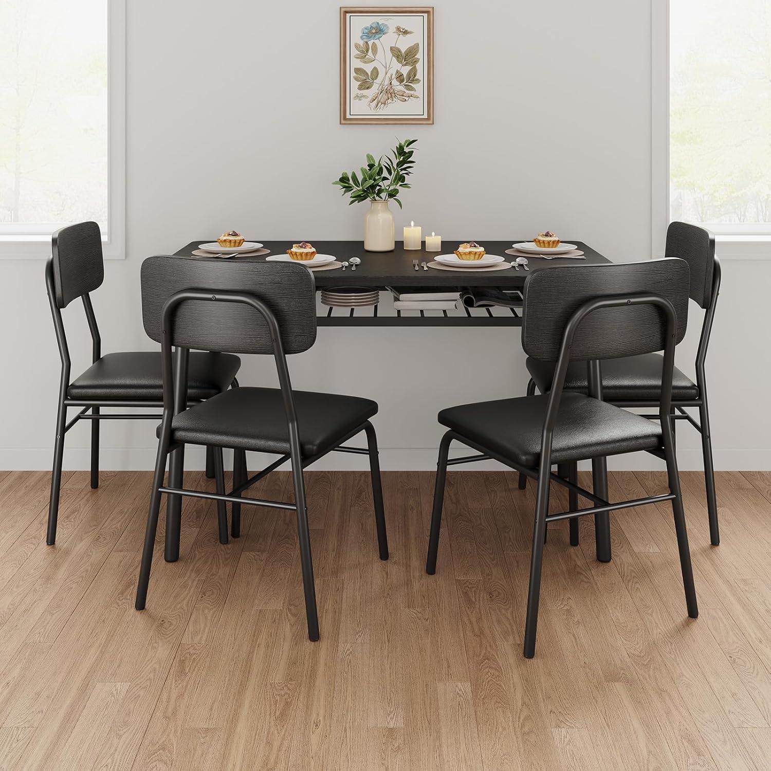 GarveeHome 5-Piece Dining Table Set for 4, Kitchen Table with Storage Rack & 4 Upholstered Chairs, Wood Top, Metal Frame, Black