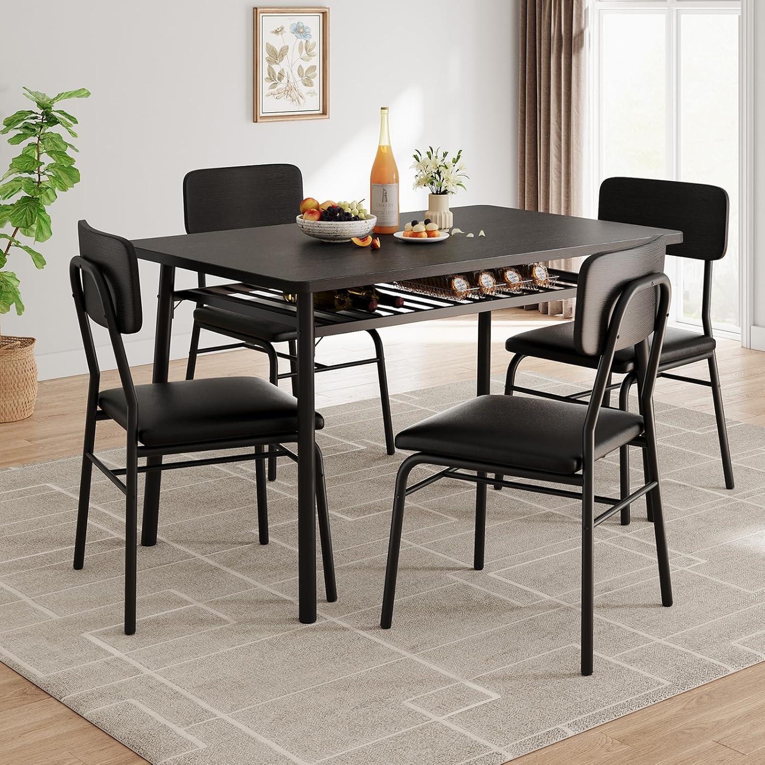 GarveeHome 5-Piece Dining Table Set for 4, Kitchen Table with Storage Rack & 4 Upholstered Chairs, Wood Top, Metal Frame, Black
