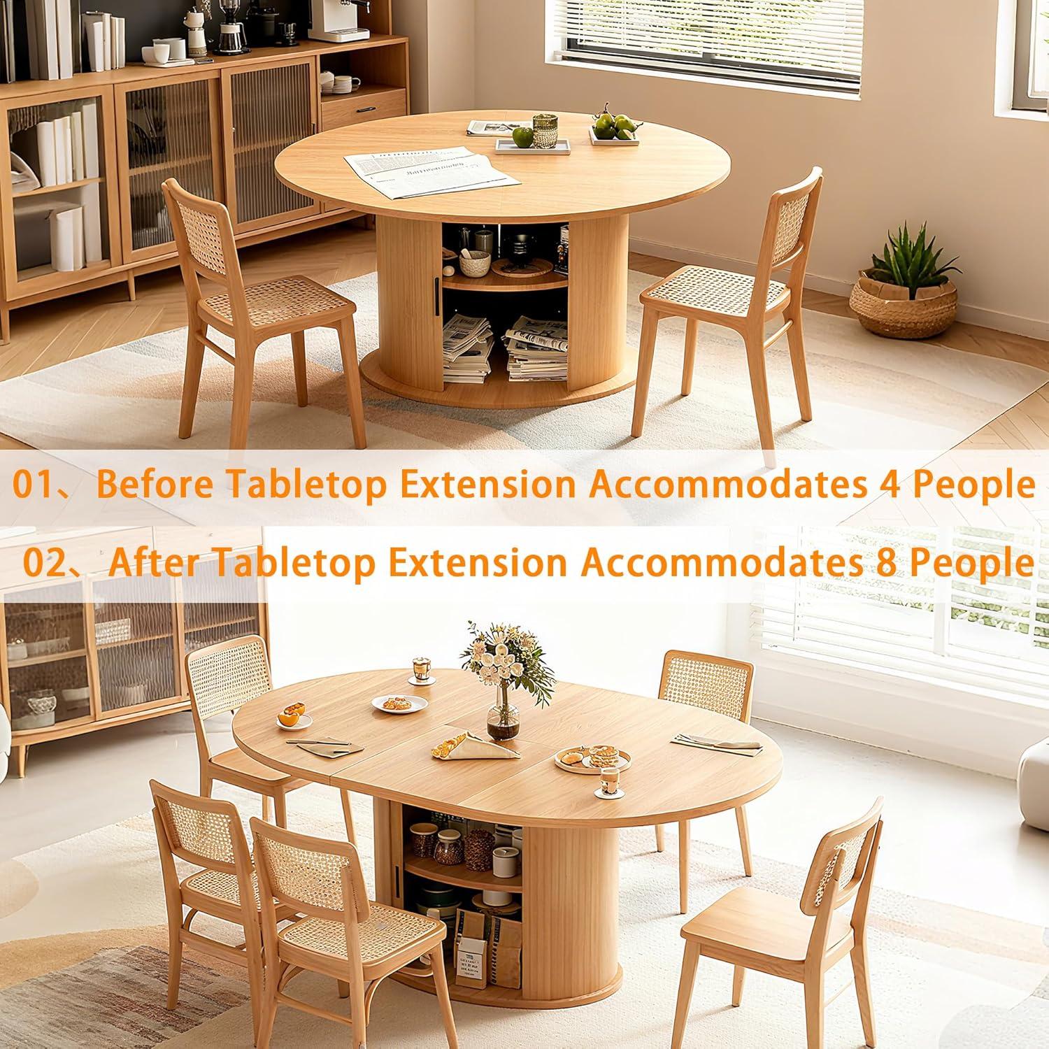 Wildhome 63" Extendable Round Dining Table for 2-6, Farmhouse Oval Table with 2-Tier Storage Shelf & Sliding Door, Oak