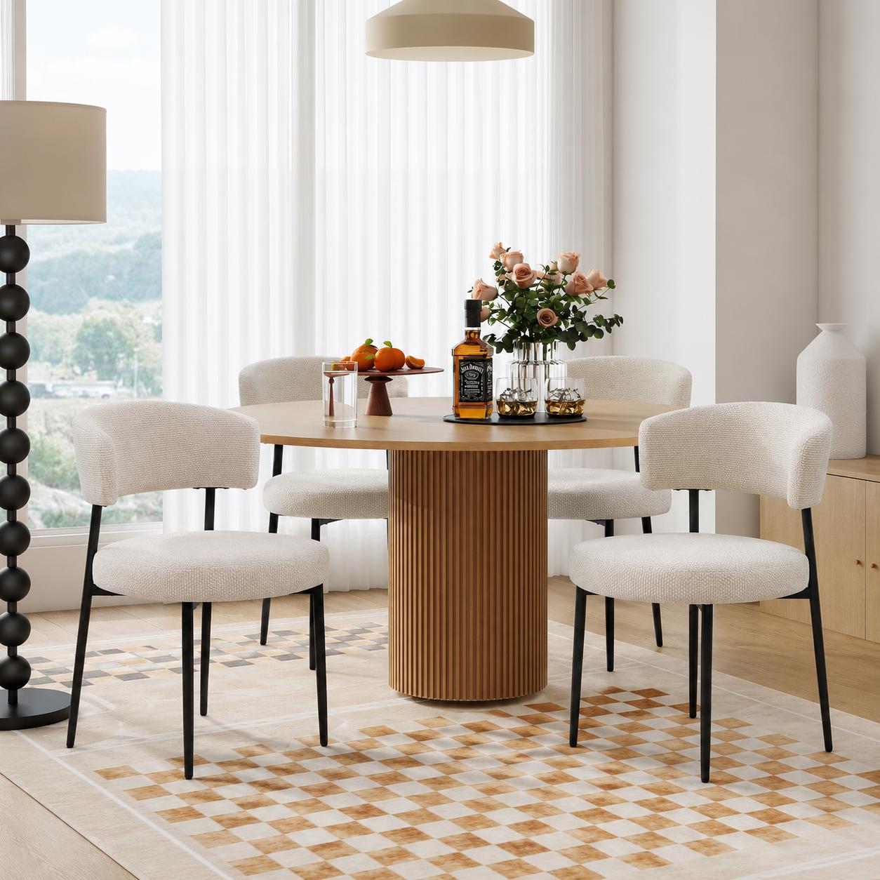 DUMOS Set of 4 Dining Chairs, Mid Century Modern Upholstered Boucle Chairs with Curved Backrest, Black Metal Legs Kitchen & Living Room