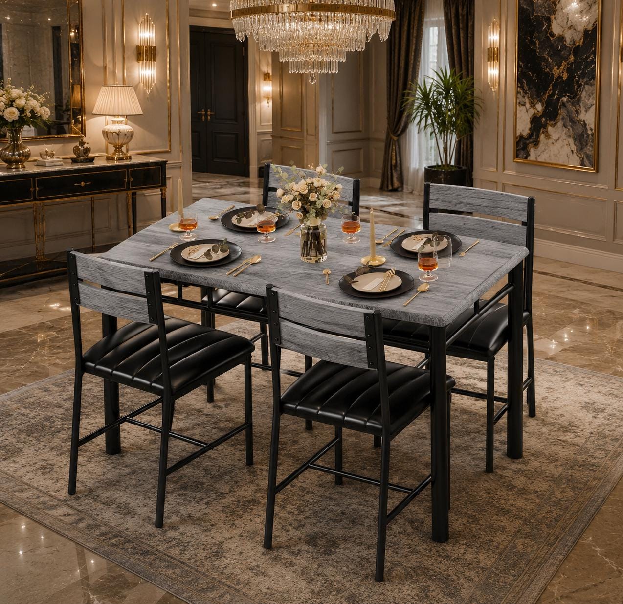 IRONCK Dining Table Set for 4 – Grey Wood Kitchen Table & Upholstered Chairs, 5 Piece Space Saving Dining Set, Industrial Style Small Spaces
