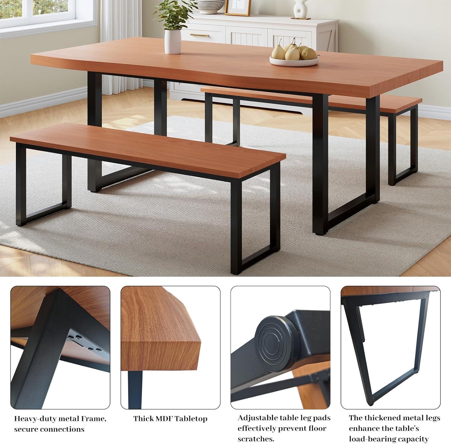 Modern Dining Table Set with 2 Benches, Seats 4-6, 63" Rectangular Kitchen Table