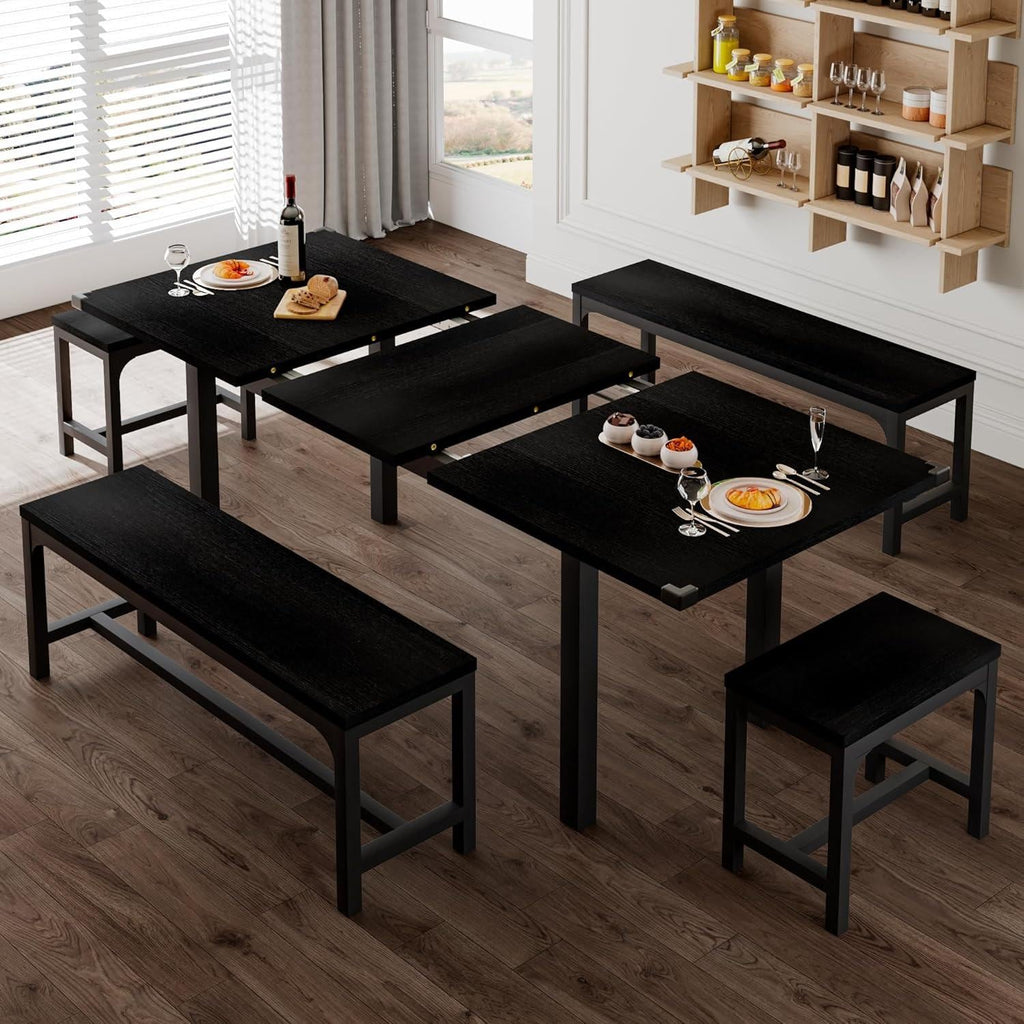 Extendable Dining Table Set for 4-8, 5-Piece Black MDF Wood Kitchen Furniture