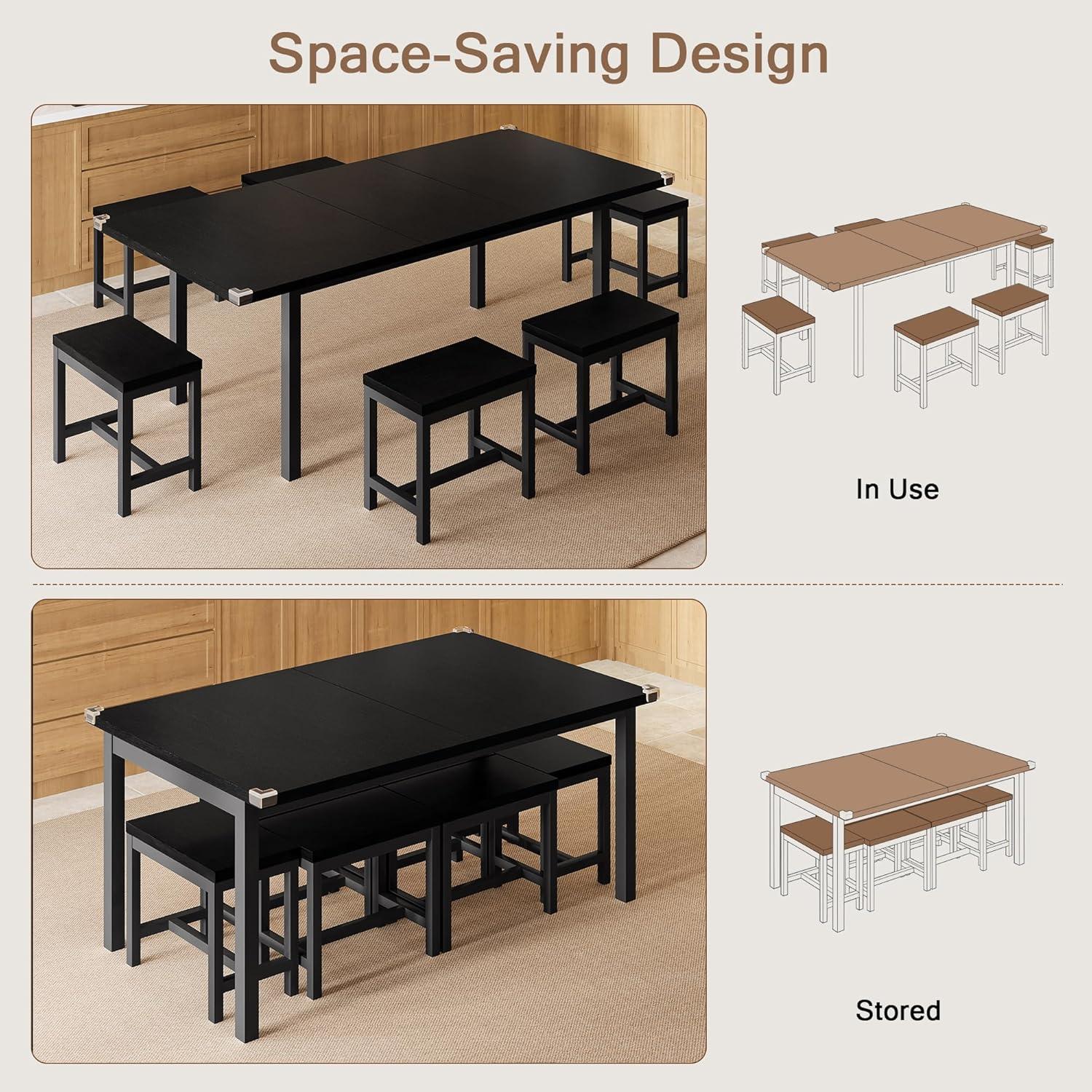7-Piece Dining Table Set, 63" Extendable Kitchen Table with 6 Stools, Mid-Century Modern Design, Metal Frame, Space-Saving
