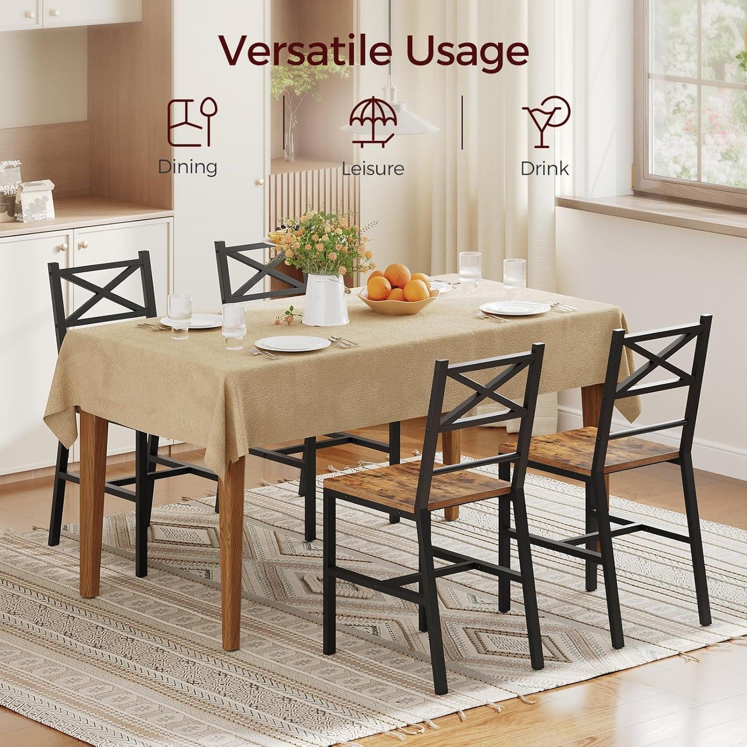 Dining Chair Set of 4, Rustic Farmhouse Kitchen Chairs with Backrest, Industrial Metal Frame Dining Chairs, Easy Assembly