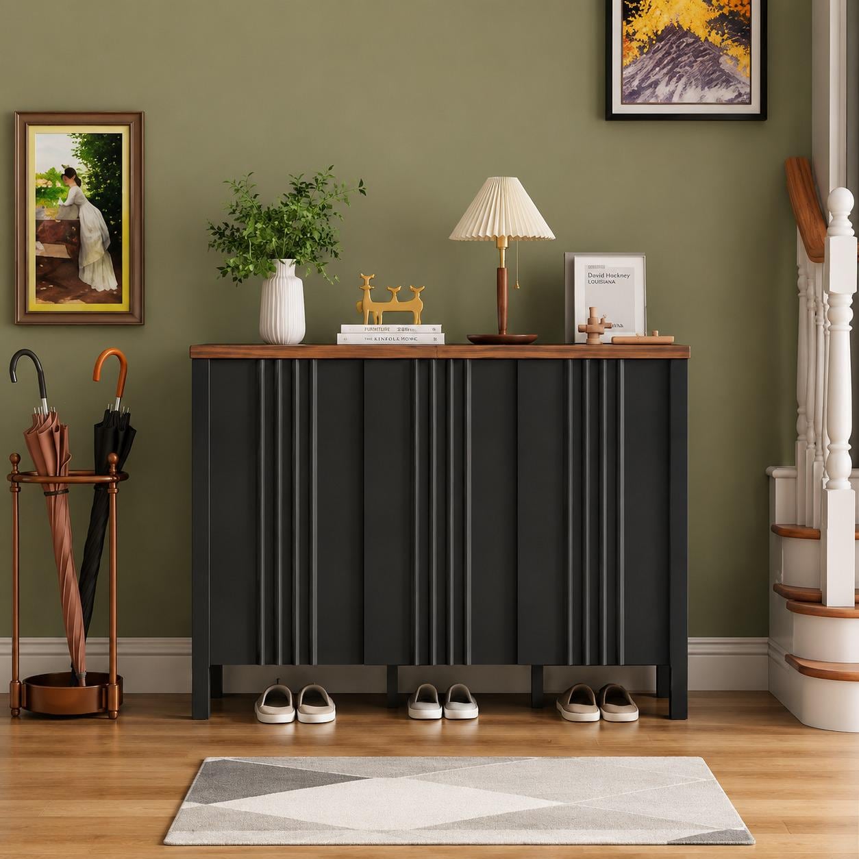 Narrow Wooden Shoe Cabinet with 3 Doors, Entryway Hidden Storage