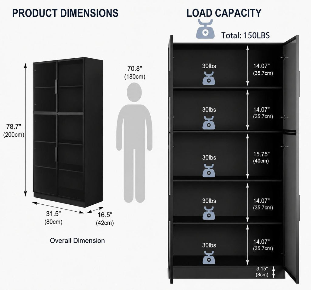 Tall Black Display Cabinet, 4 Glass Doors, 5-Tier Bookcase with LED Lights