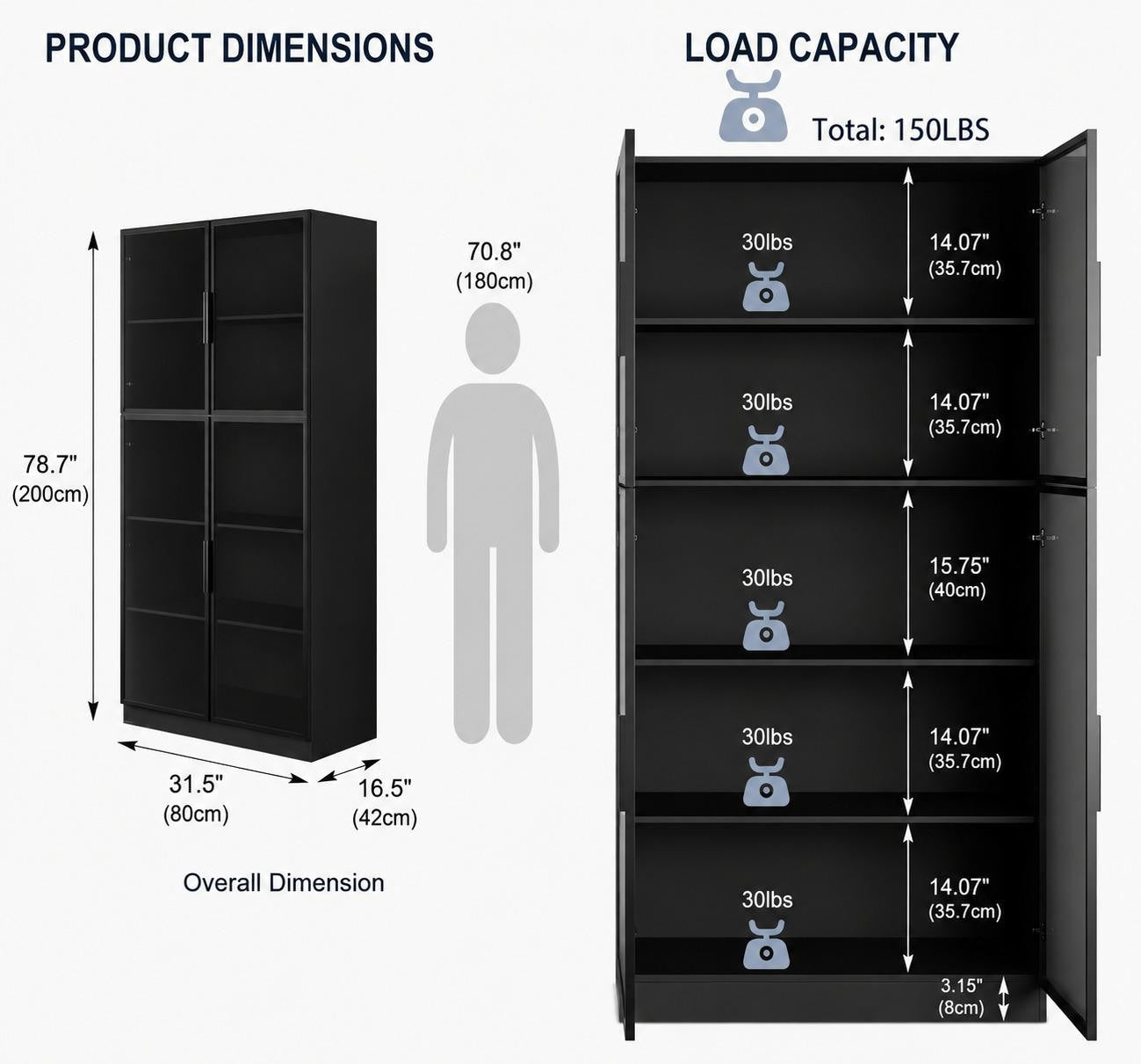 Tall Black Display Cabinet, 4 Glass Doors, 5-Tier Bookcase with LED Lights