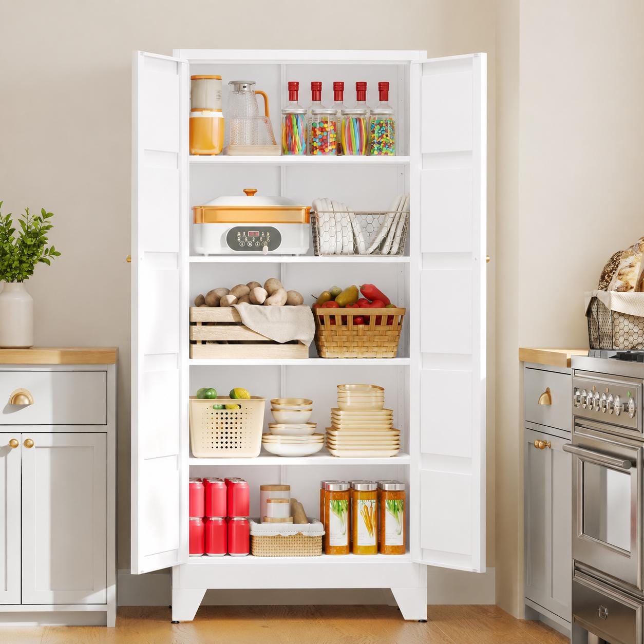 71" Tall White Metal Storage Cabinet, Adjustable Shelves, Doors, Heavy-Duty Steel