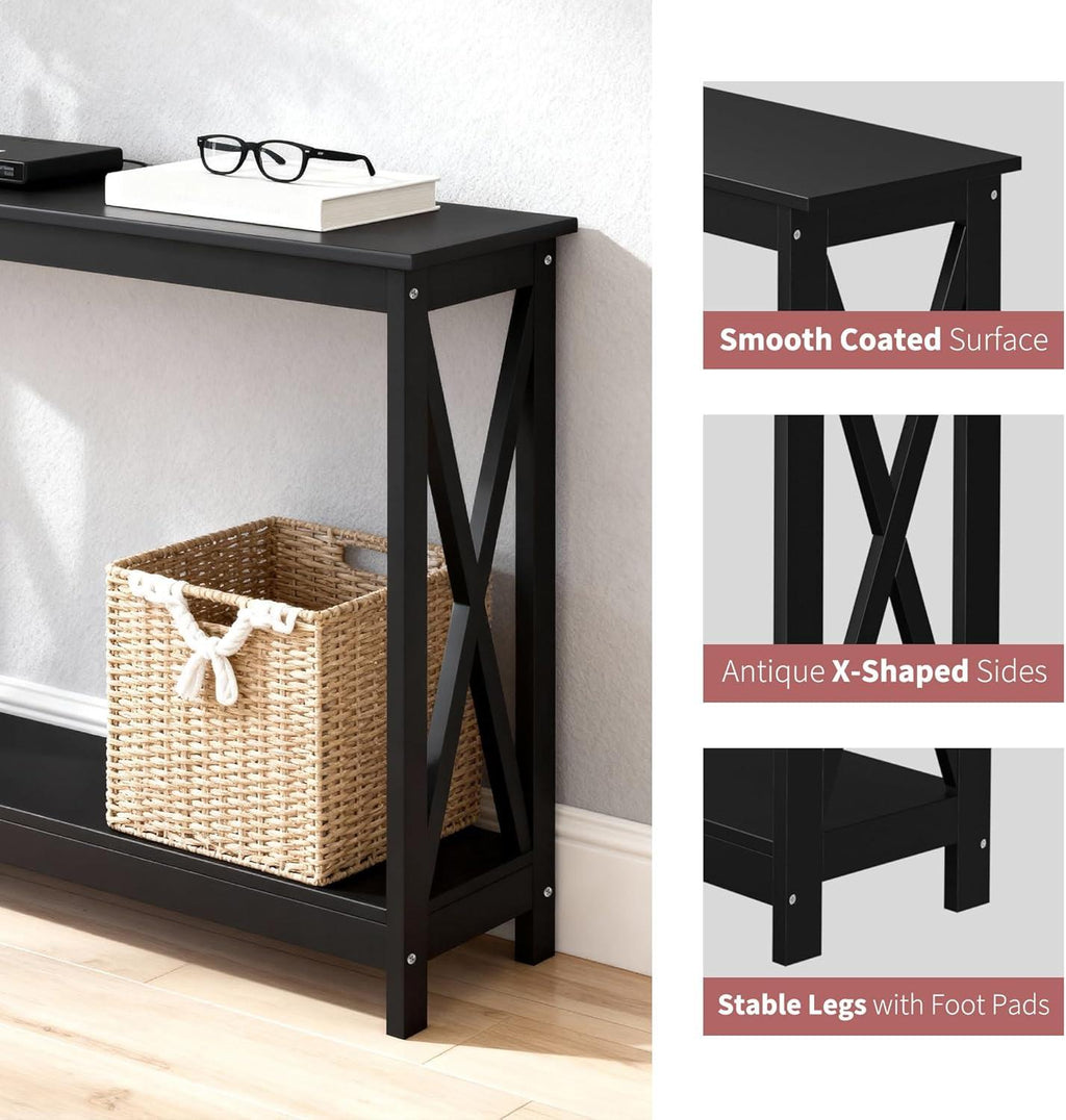 2-Tier X Design Console Table, Farmhouse Entryway Sofa Table, Espresso Accent Shelf
