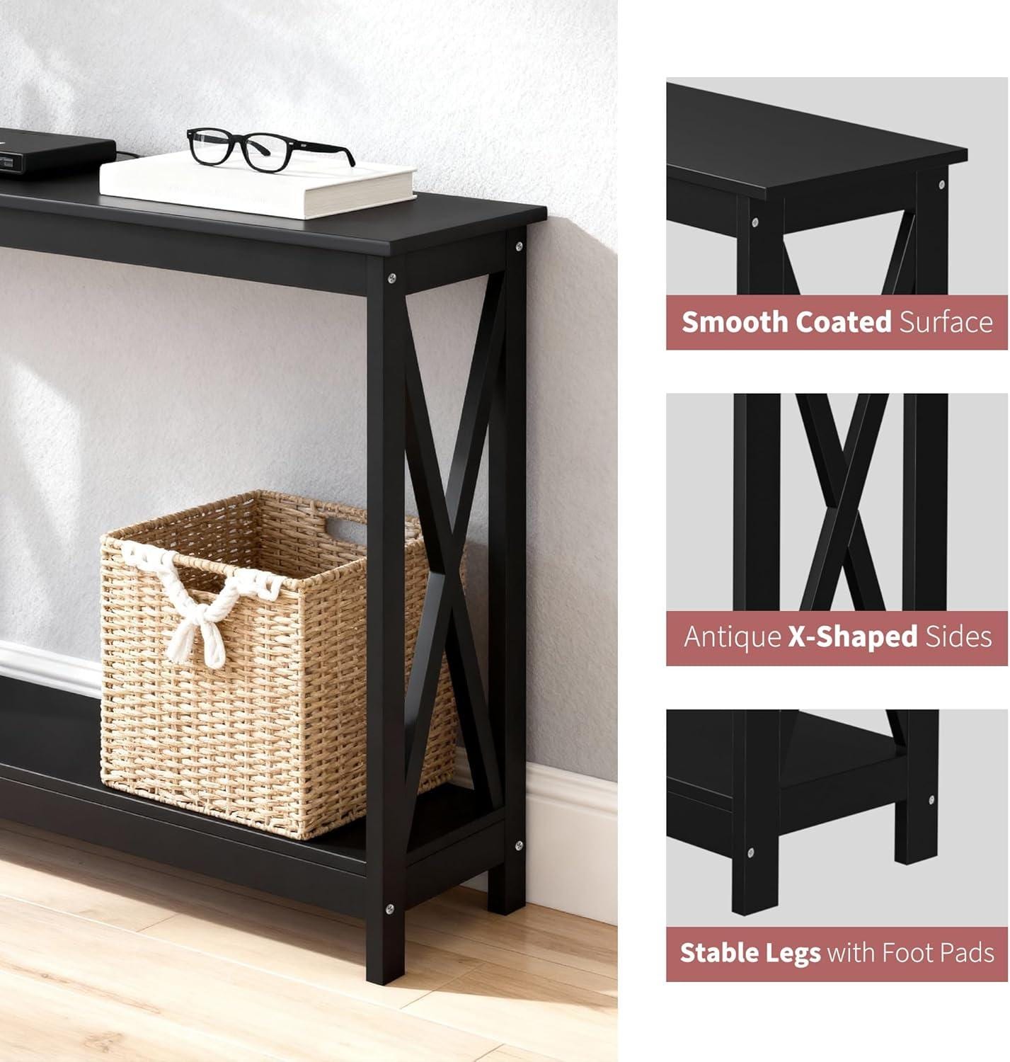 Narrow 2-Tier Console Table, X-Frame Entryway Sofa Table, Farmhouse Wood Shelves