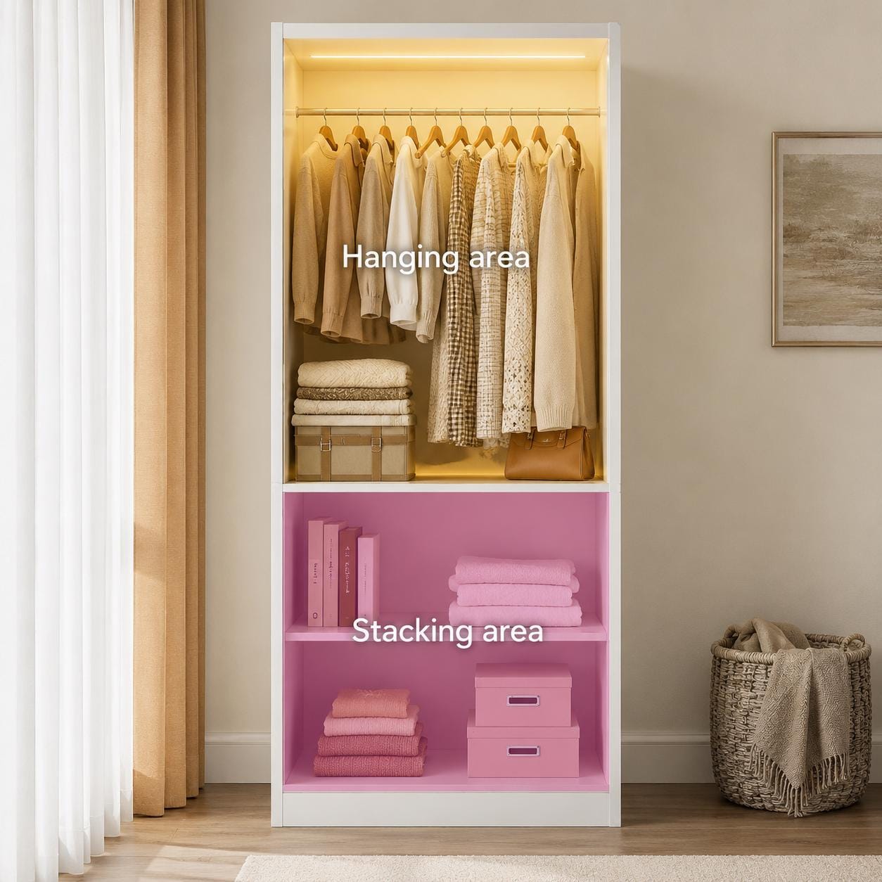 Tall Armoire Wardrobe Closet, White, Glass Doors, LED Lights, Storage Cabinet