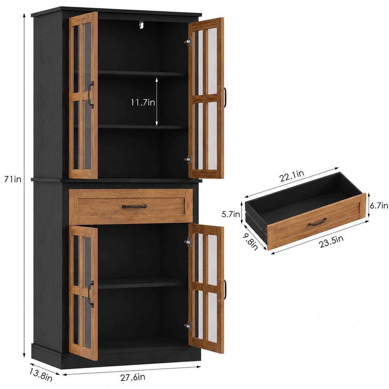 71" Tall Kitchen Pantry Cabinet with Glass Doors & Drawer – Freestanding Food Storage Cabinet with Adjustable Shelves