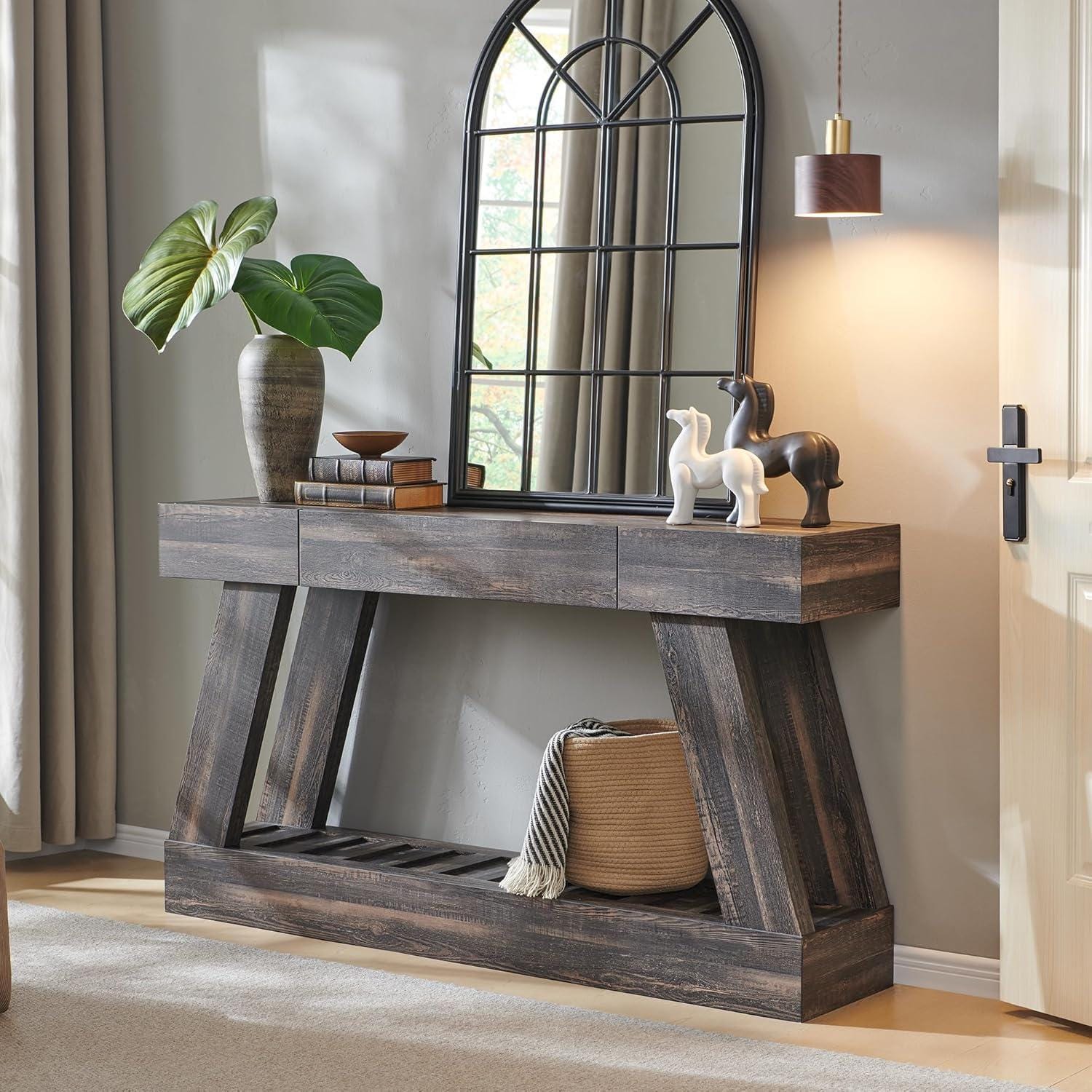 Farmhouse Entryway Table, 60" Wooden Hallway Foyer Table with Drawer, Heavy Duty Base