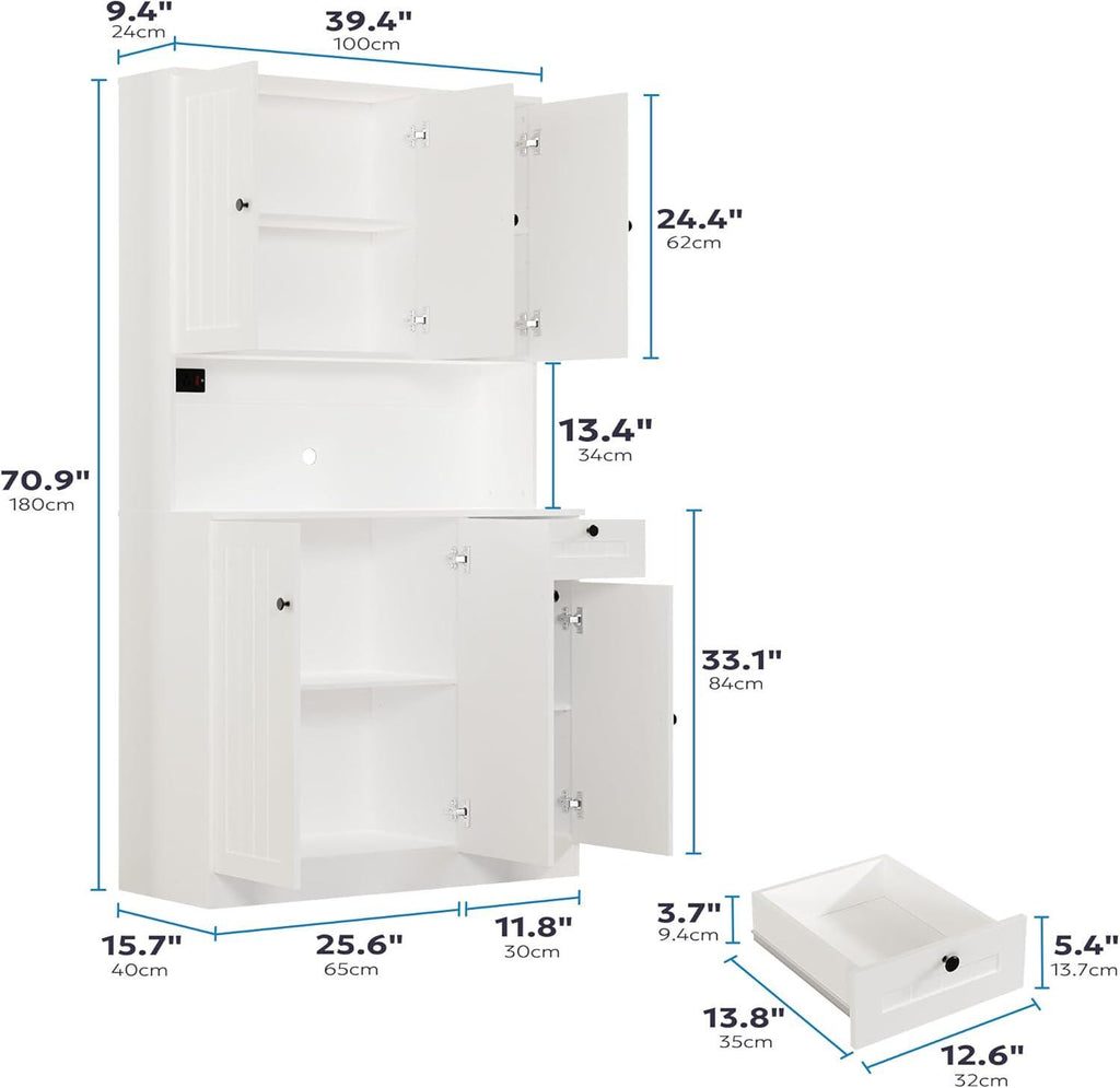 Farmhouse Pantry Cabinet with Charging Station, Microwave Stand, Storage Hutch
