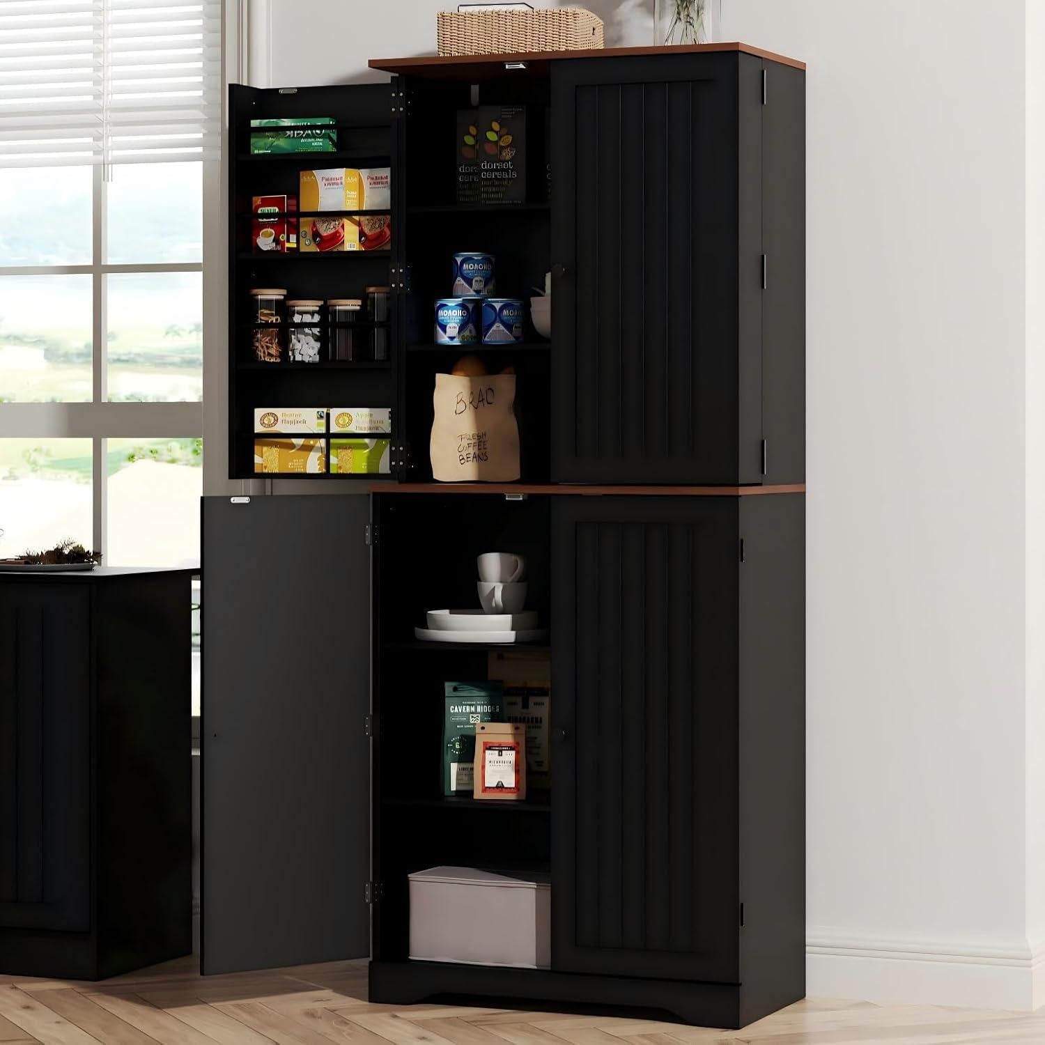 Farmhouse Kitchen Pantry Cabinet, Black Freestanding Storage Cupboard, Adjustable Shelves