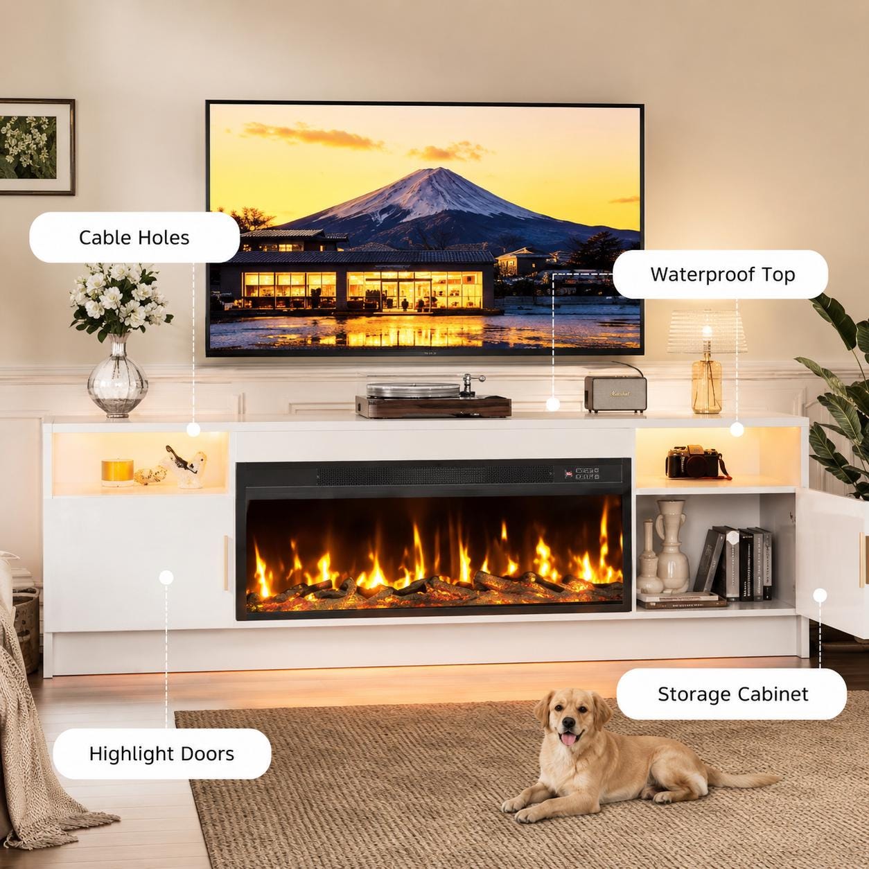 75" High Gloss TV Stand with 36" Electric Fireplace, LED Lights & Storage Cabinets, Modern Entertainment Center for TVs Up to 80"