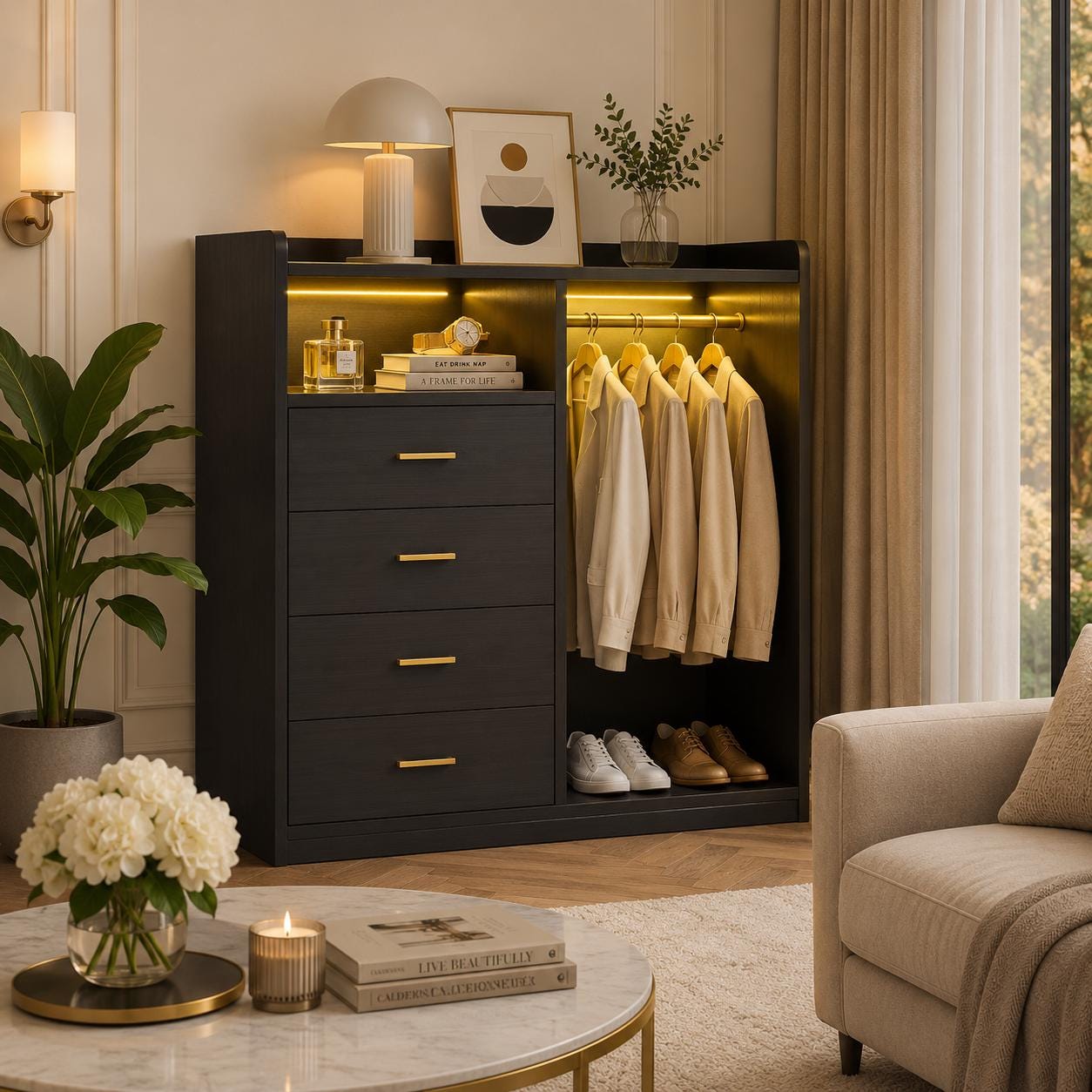 Modern White Dresser with Clothes Rack, 4 Drawers, LED Lights, Charging Station & USB Ports | Bedroom Storage Organizer