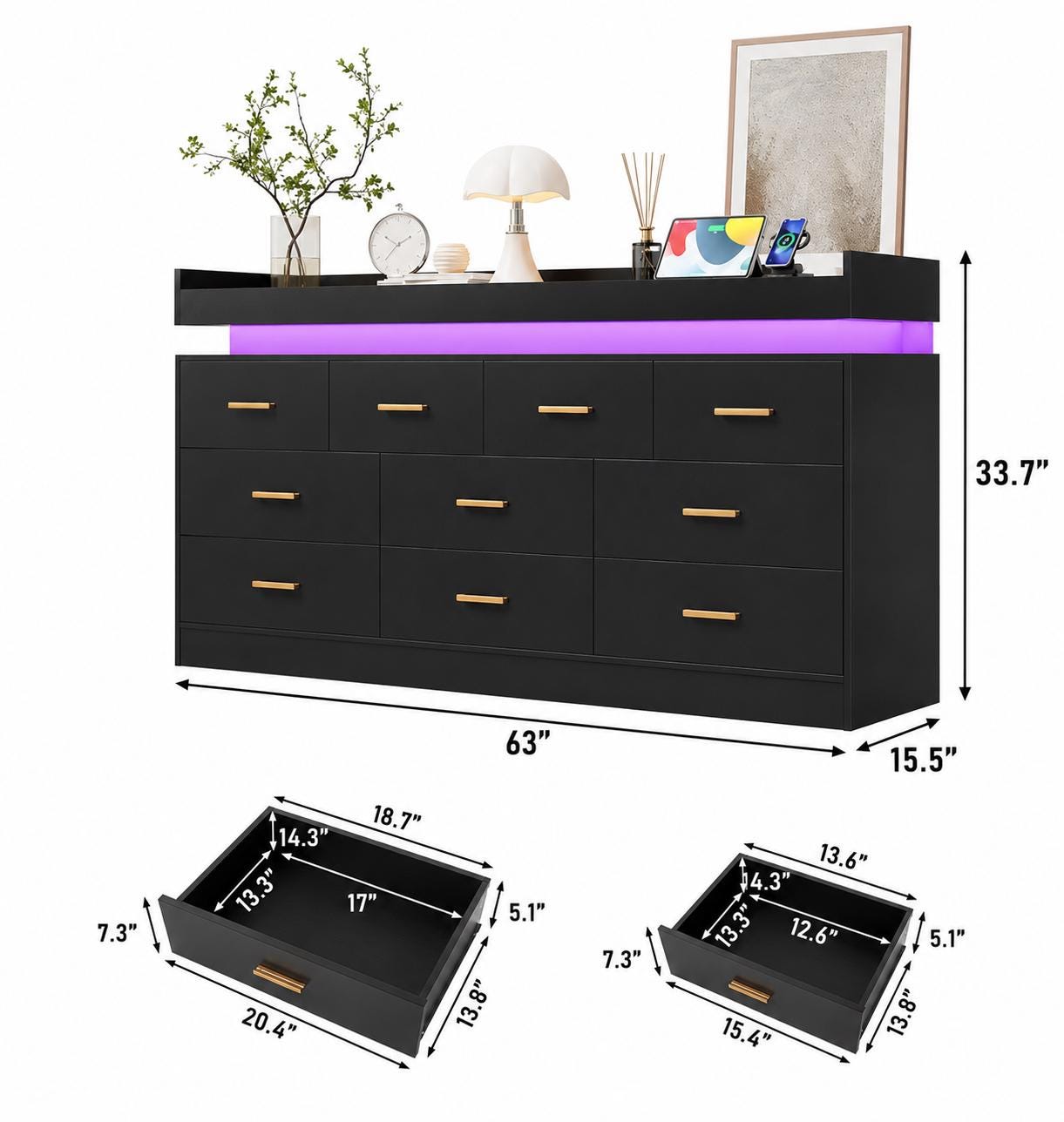 10 Drawer Dresser with Power Outlet & LED Wide Organizer Cabinet Modern Chest Bedroom Living Room Entryway Black, Customized